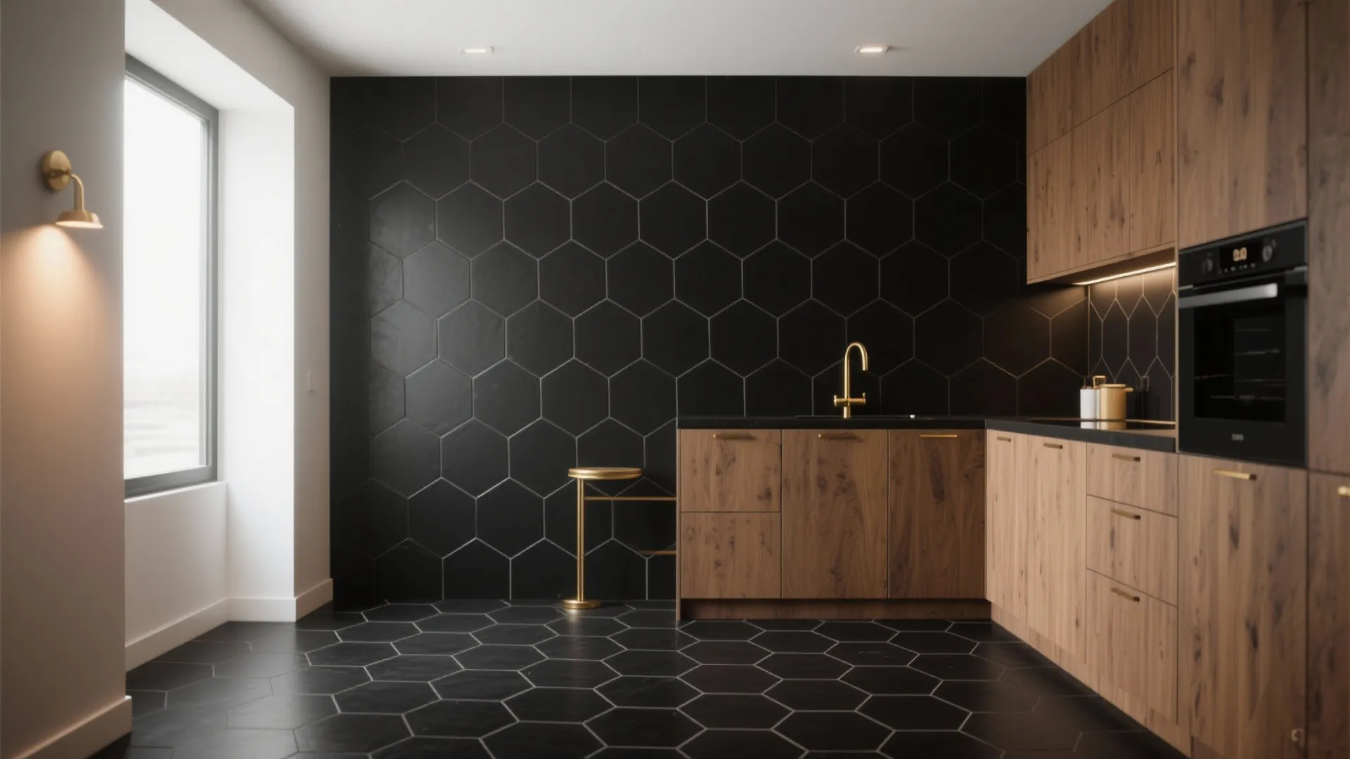 Small kitchen featuring matte black hexagon tiles on the floor and accent wall with warm wood cabinets.