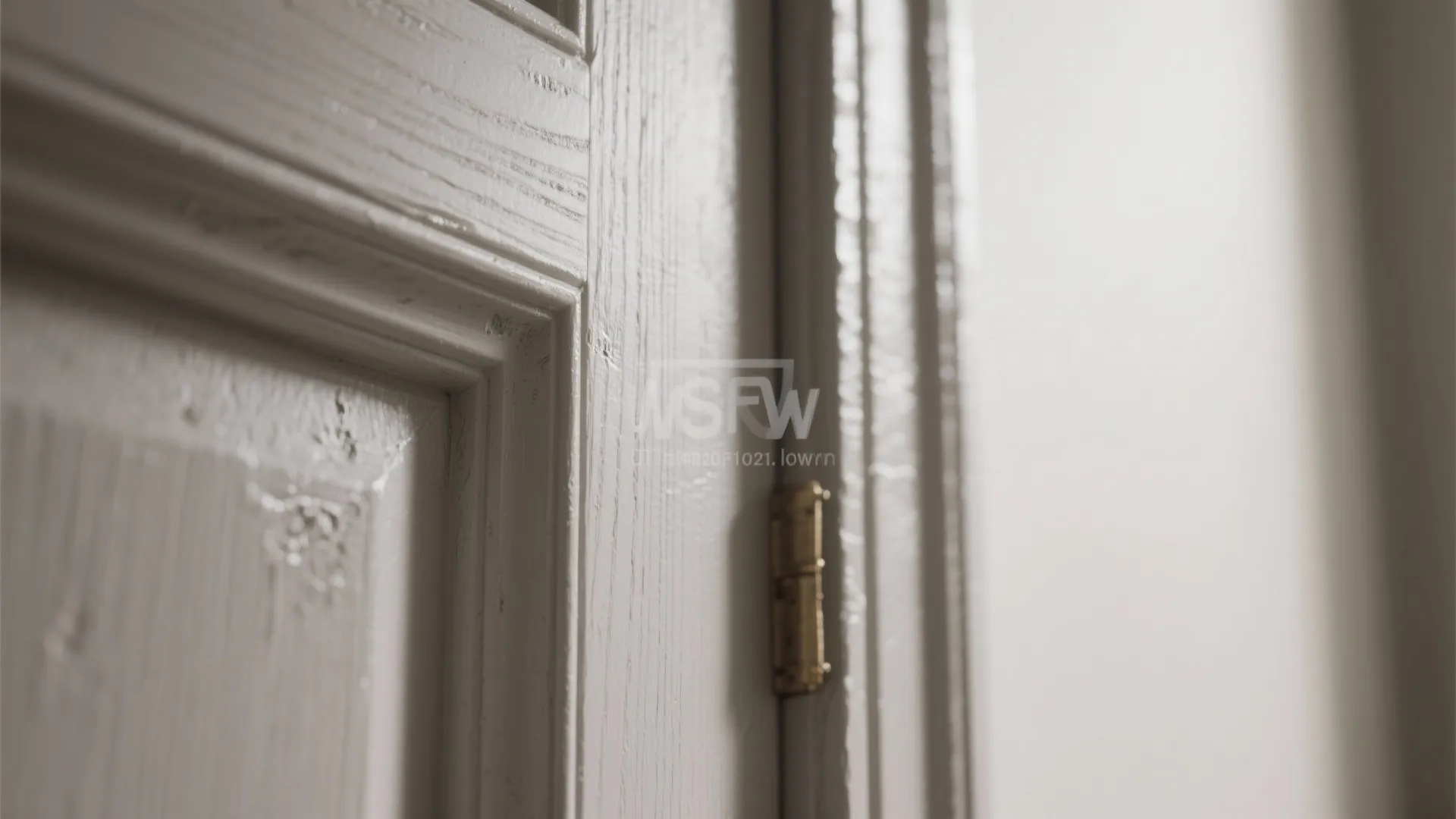 Close up view of a painted wooden door with visible texture and a brass hinge