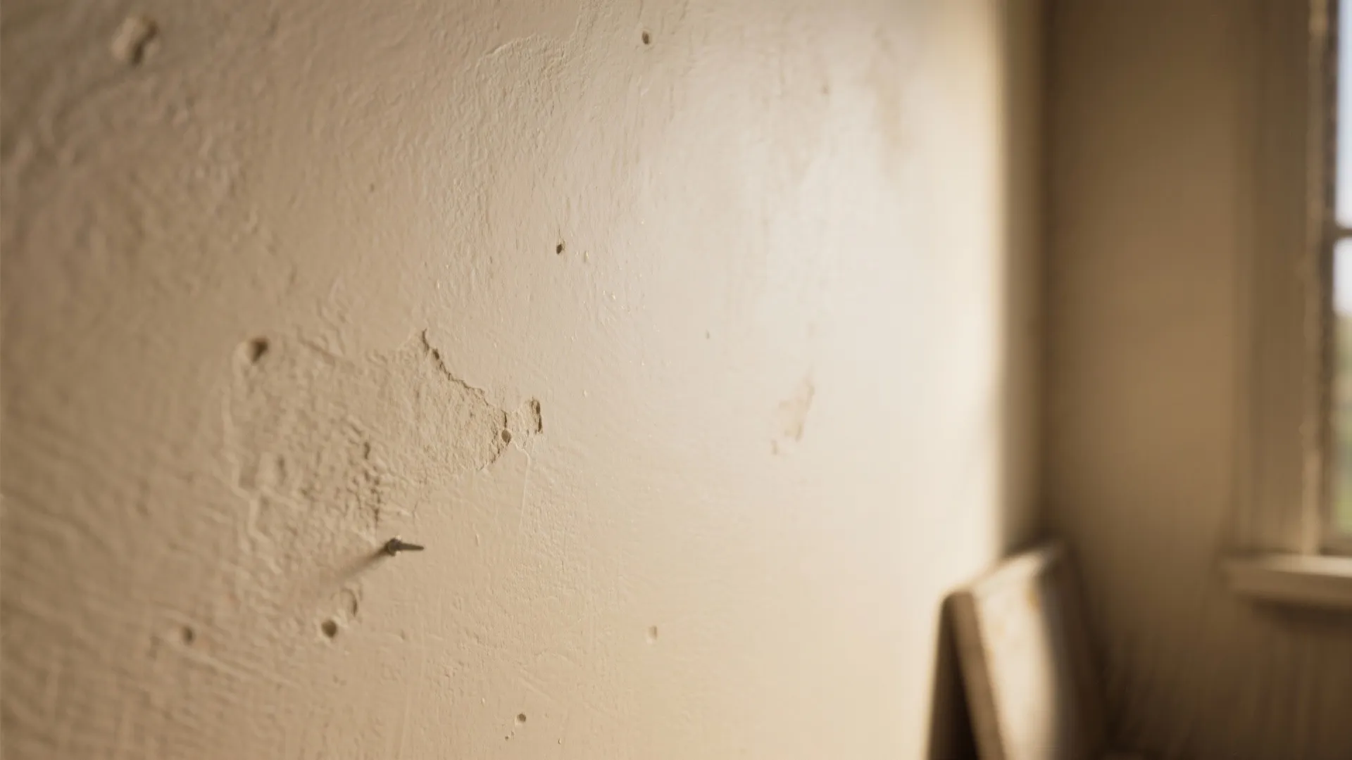 Close up view of a beige wall with rough texture paint peeling off and small holes