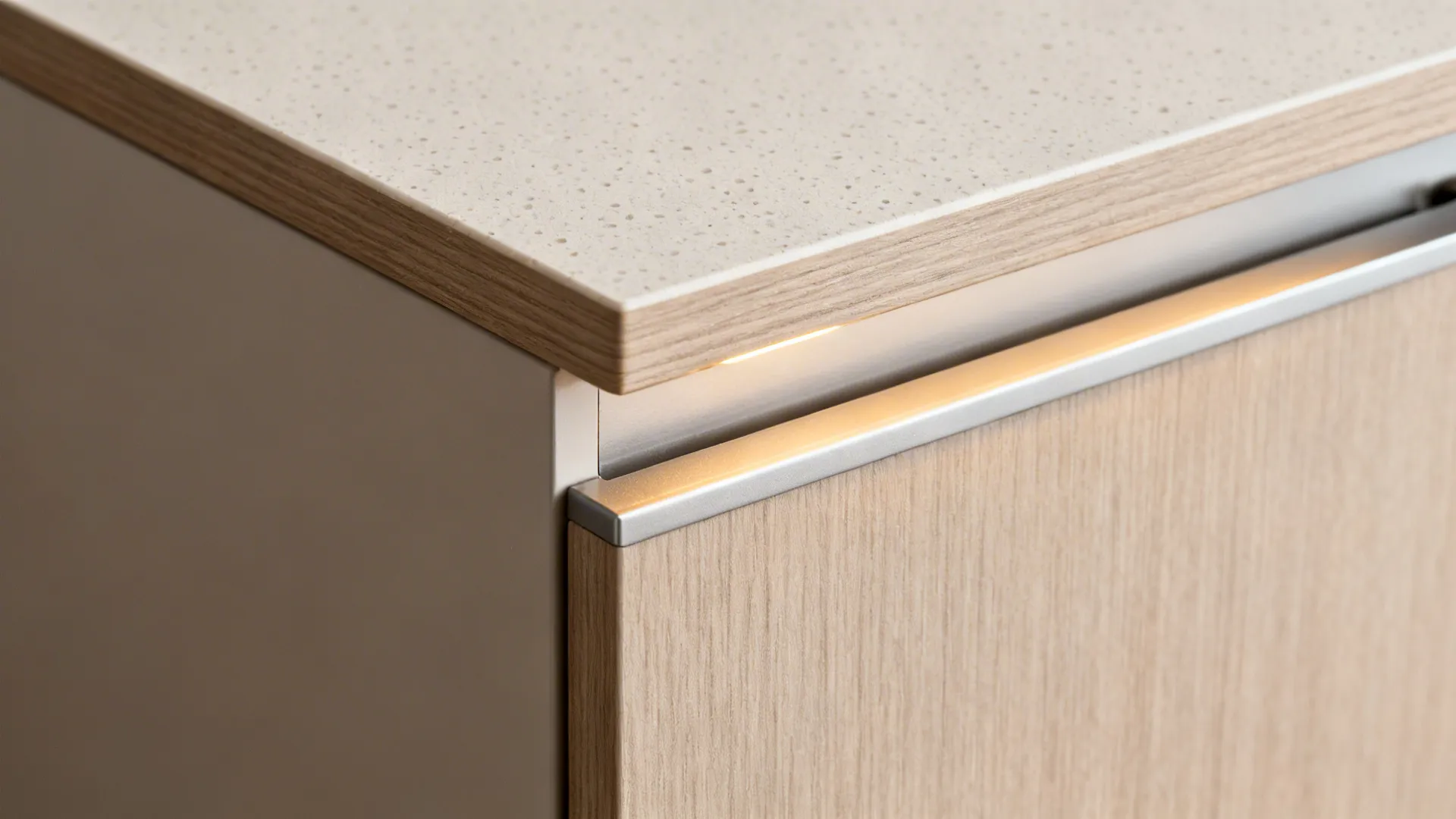 Close up of light wood kitchen cabinet with white speckled countertop and small light fixture