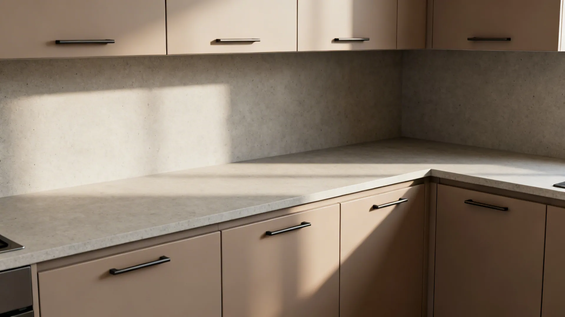 Matte taupe HPL kitchen cabinets in an L-shaped layout with clean lines and low glare.