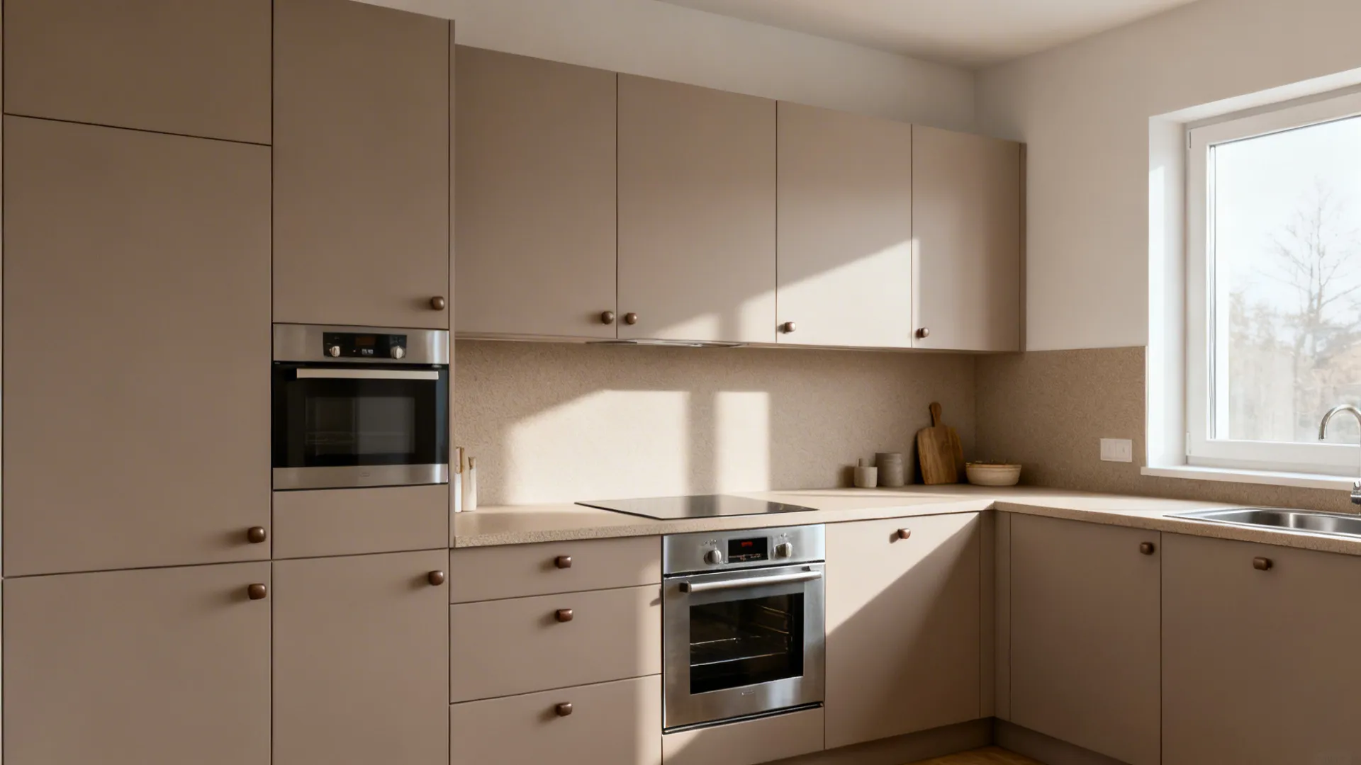 L-shaped kitchen with tan matte cabinets stainless steel oven microwave sink window and natural light