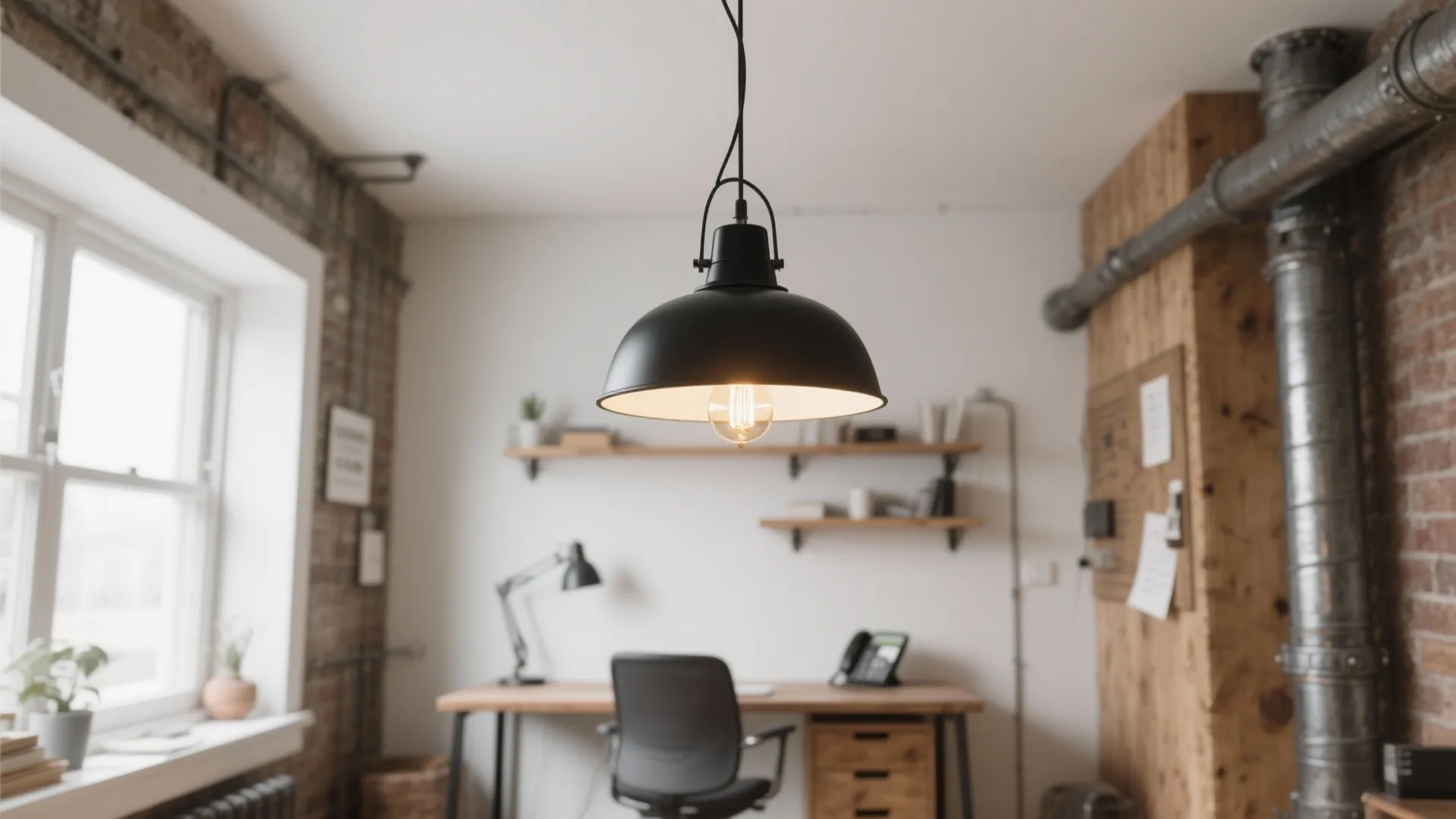 Black ceiling light hanging over a home office desk with wooden shelves and brick walls