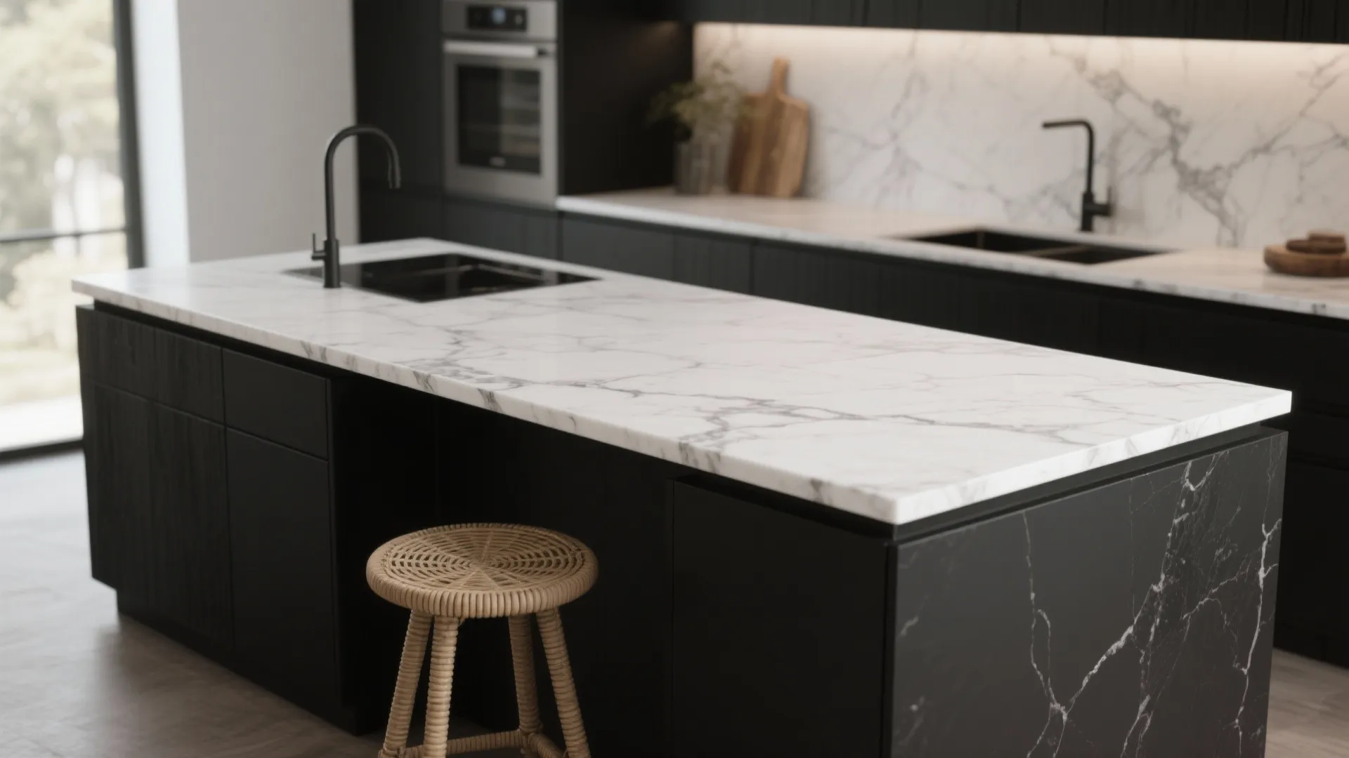 5. Matte Black Island with White Marble Top
