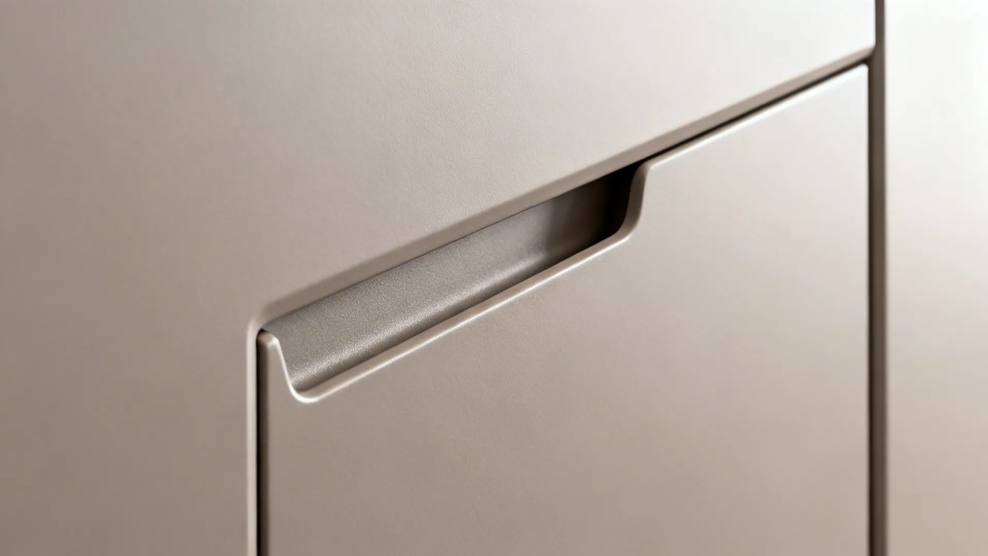 Macro of a super-matte slab door showing an integrated J-pull channel with a soft-touch finish.