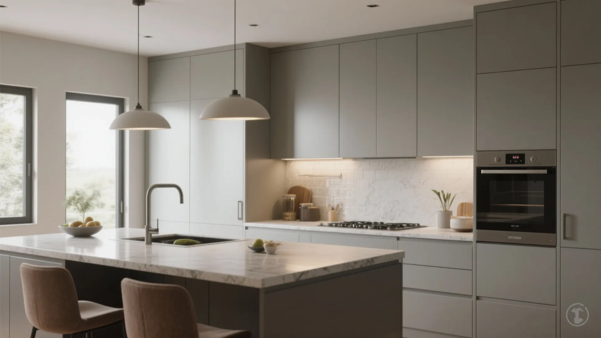 Modern grey kitchen with marble island plus two white ceiling lights over the sink area