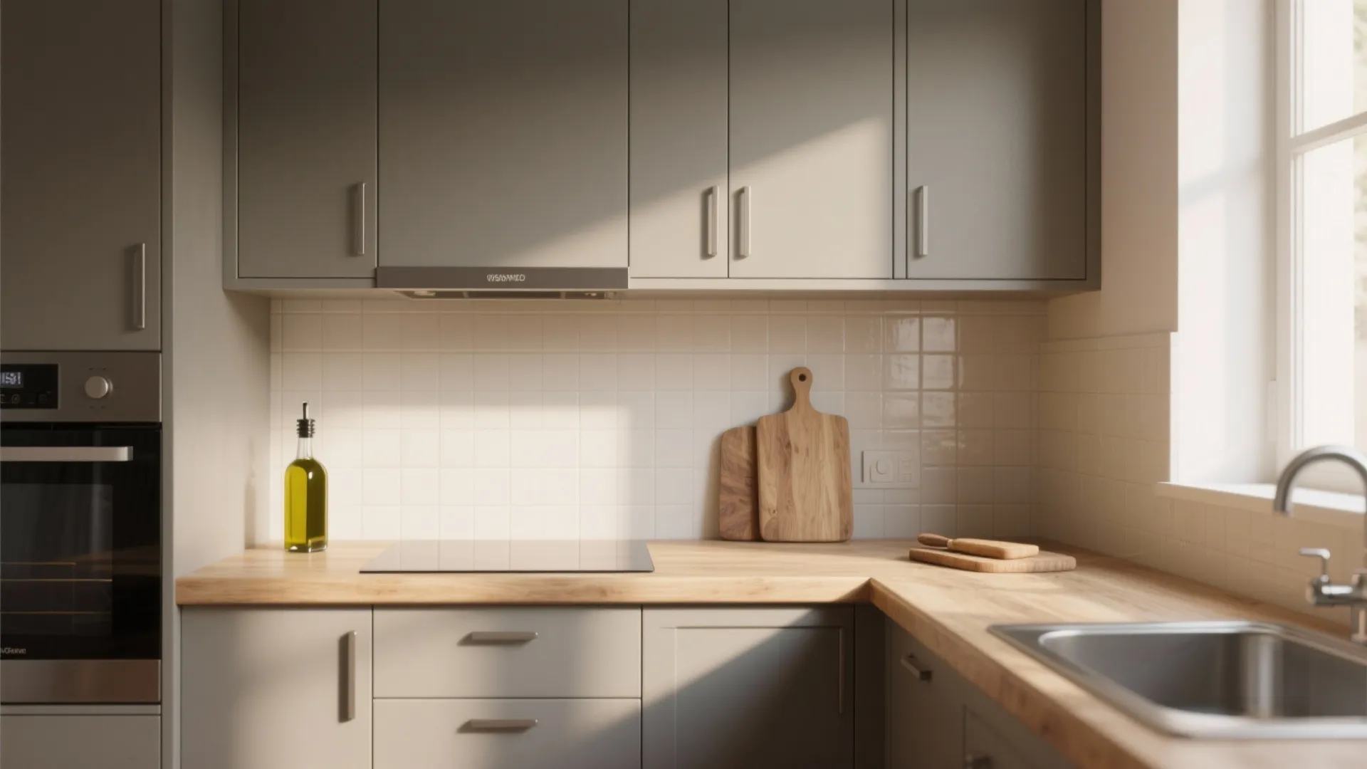 Compact kitchen with matte cabinetry, muted hardware and an easy-clean backsplash in soft daylight.