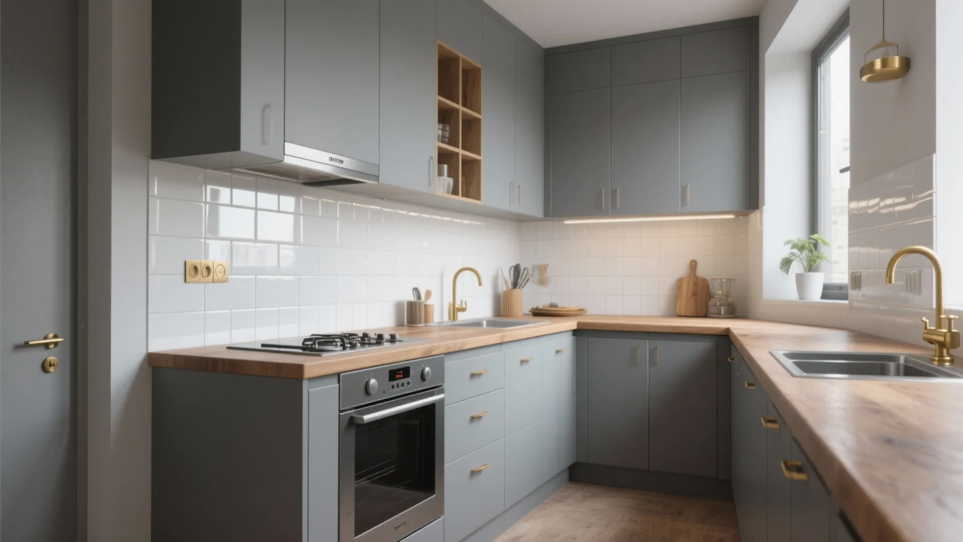 Compact matte-gray kitchen with warm wood countertops, brass hardware and glossy tile backsplash