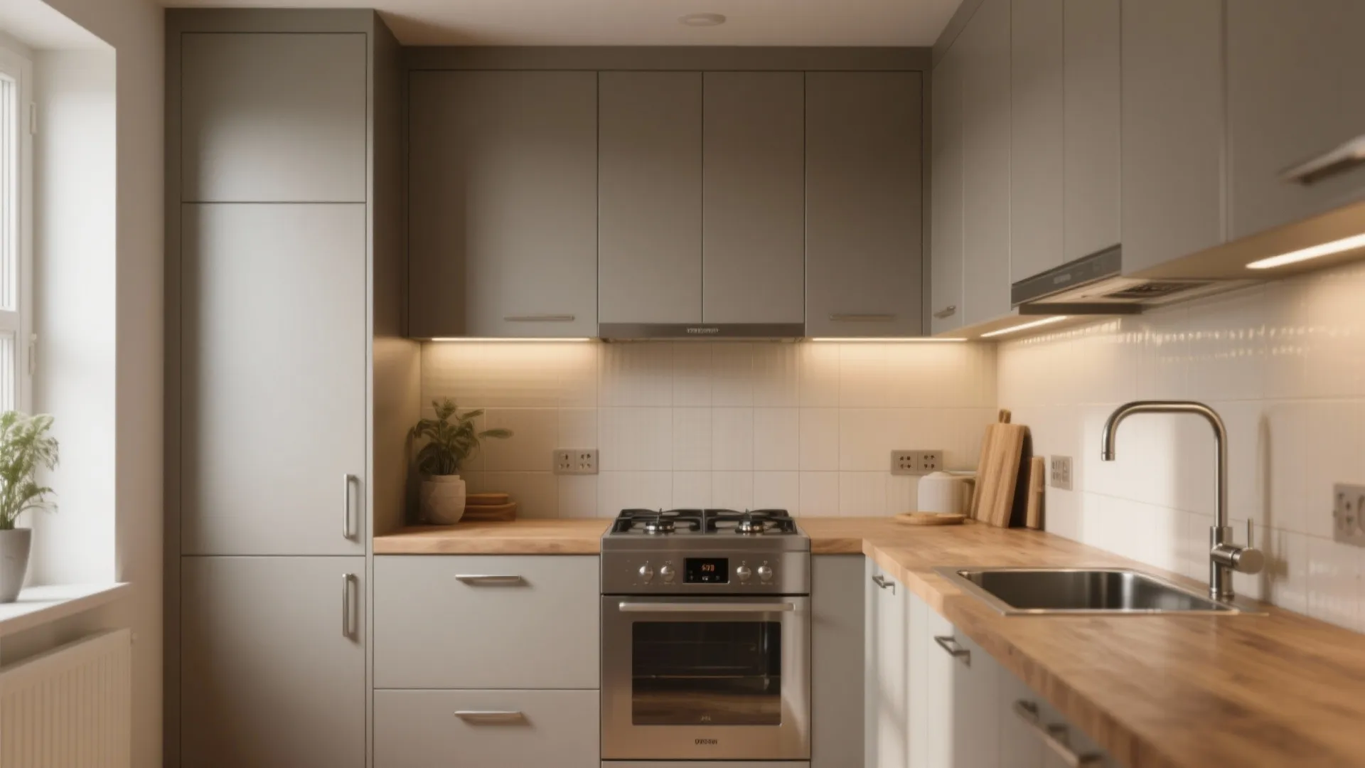 Modern kitchen with grey cabinets wooden countertop stainless steel sink gas stove and under cabinet lights