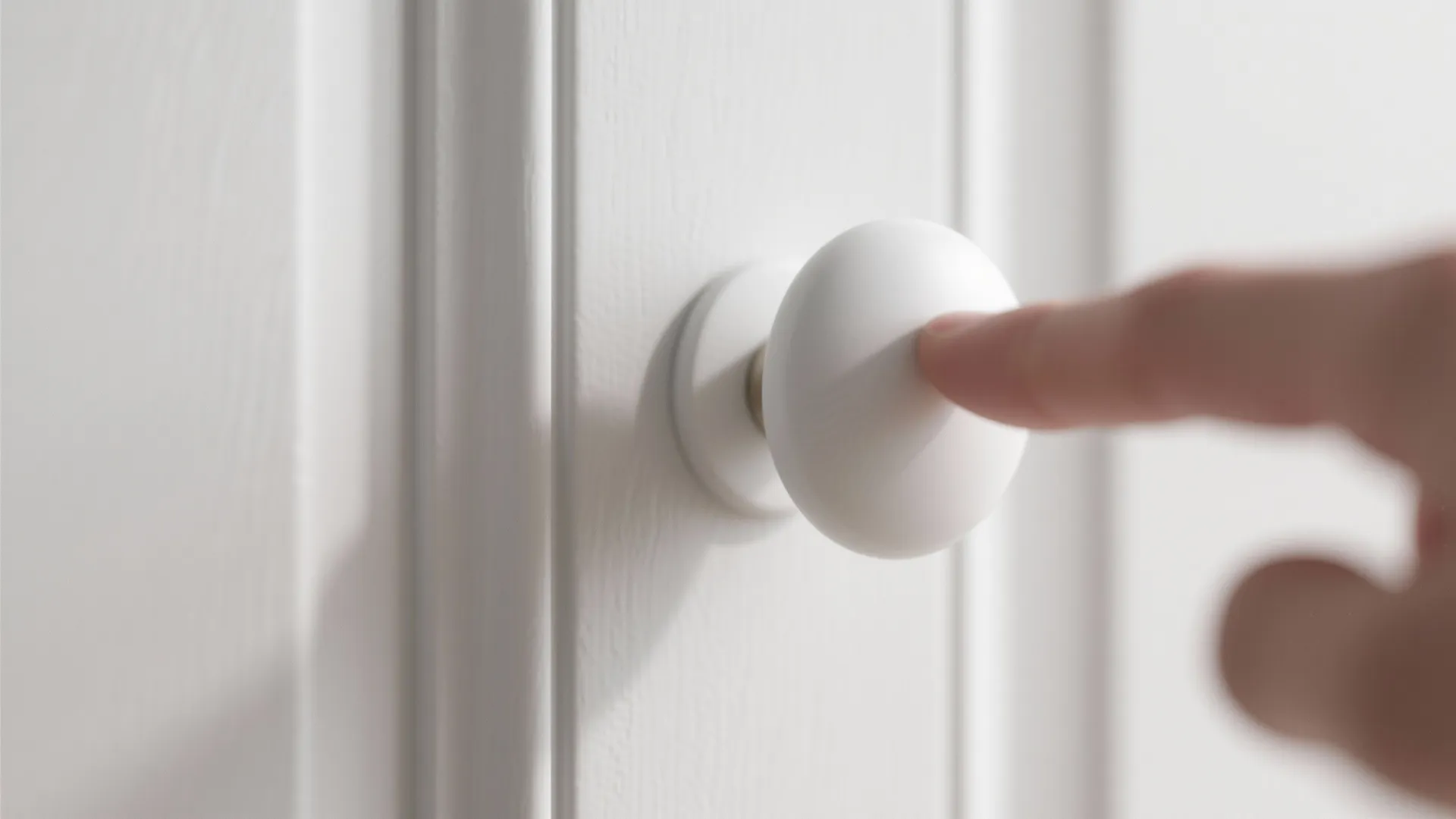 Macro view of a matte white cabinet knob on a white door showing scale and texture.