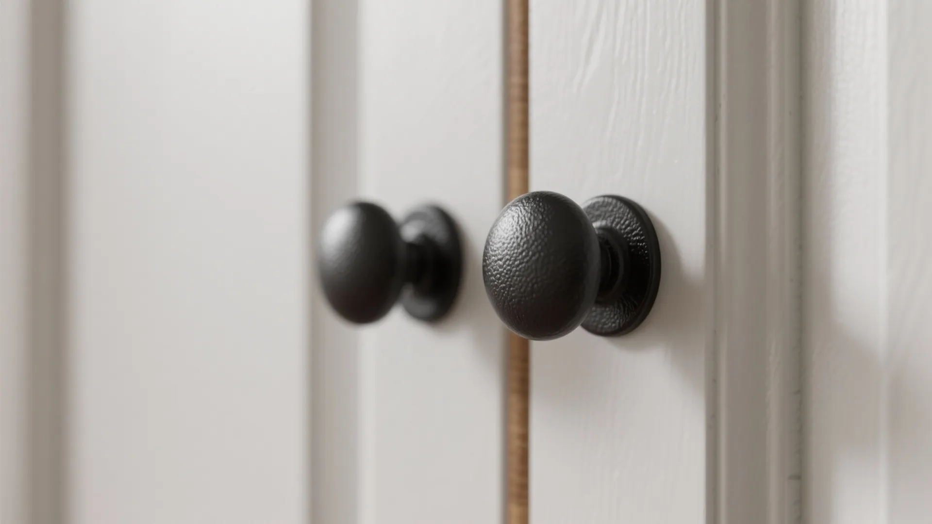 Matte black round knobs on white shaker cabinets with wood trim