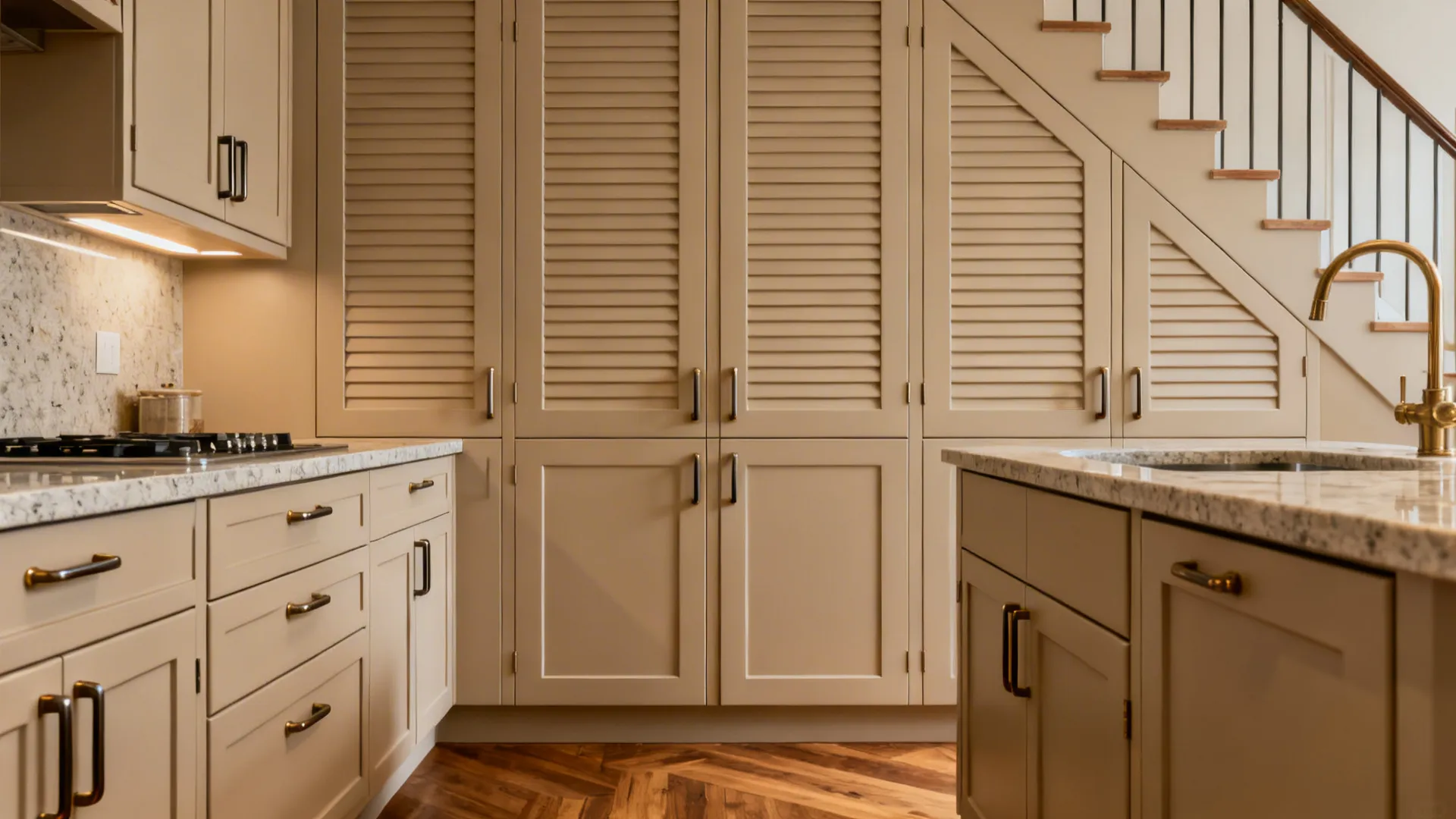 Modern kitchen with mushroom beige matte lacquer slab shutters and integrated J-pulls under warm light.