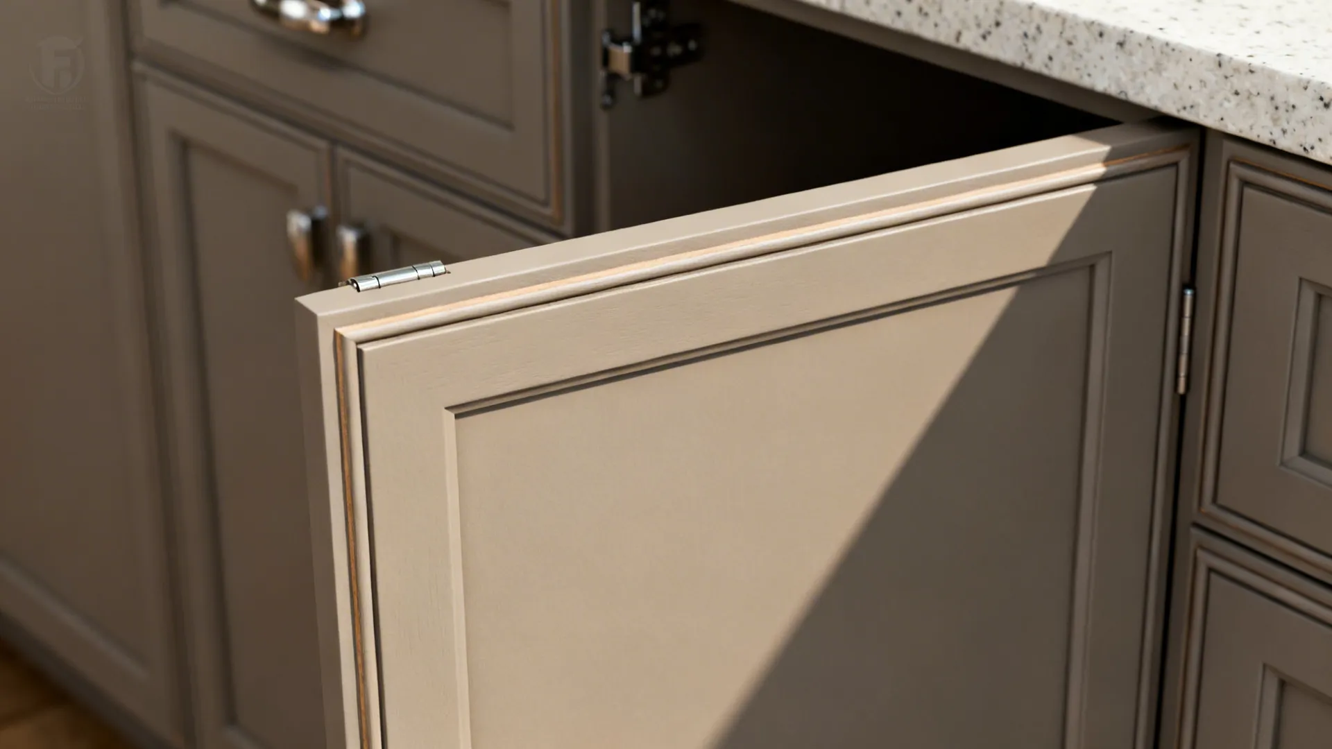 Macro of warm gray matte laminate cabinet door with precise edge banding and soft-close hinge.