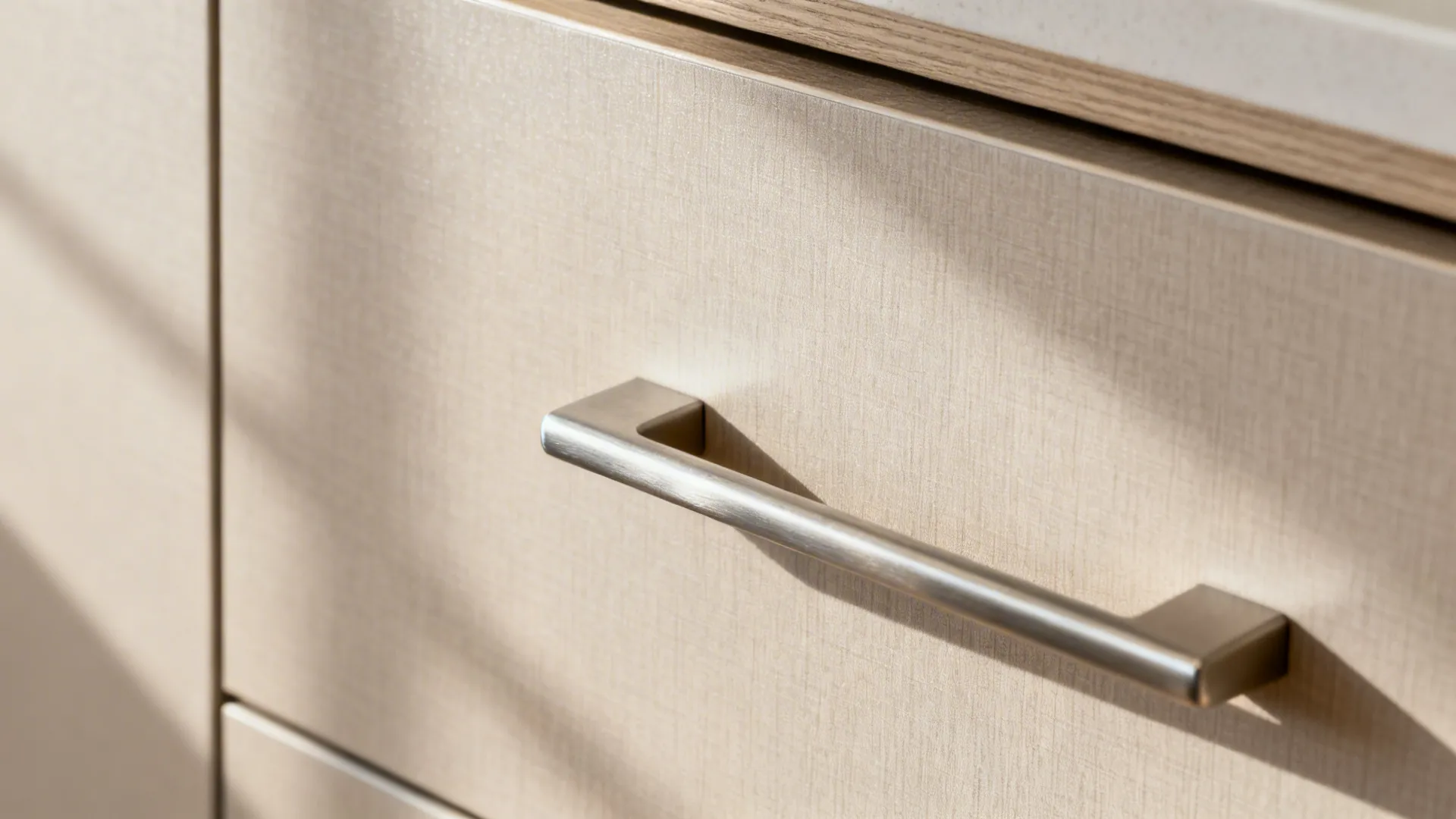 Macro detail of matte sunmica showing low-glare texture and clean edge banding.