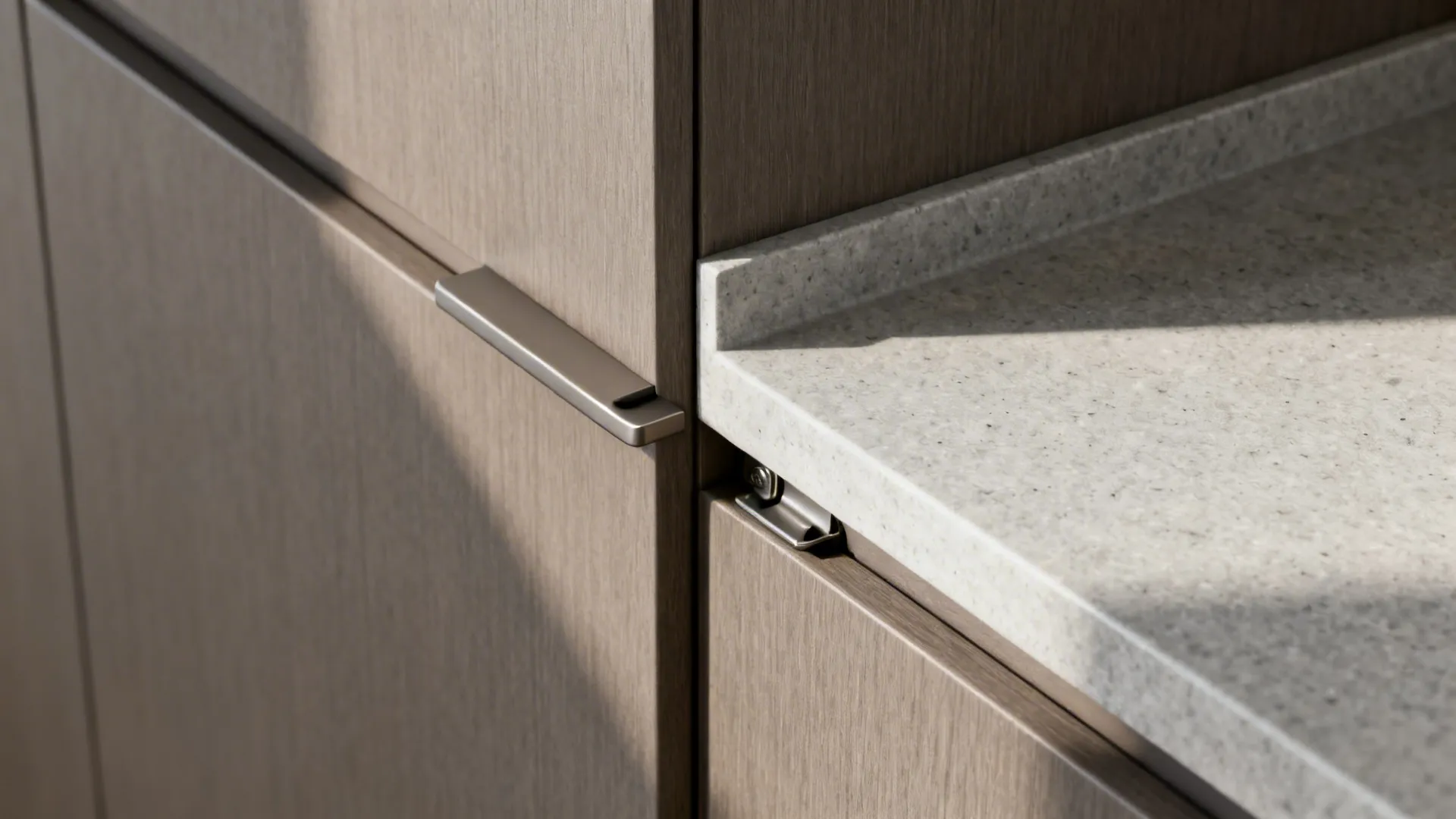 Macro of warm grey matte laminate door with J-profile pull against light grey quartz top.