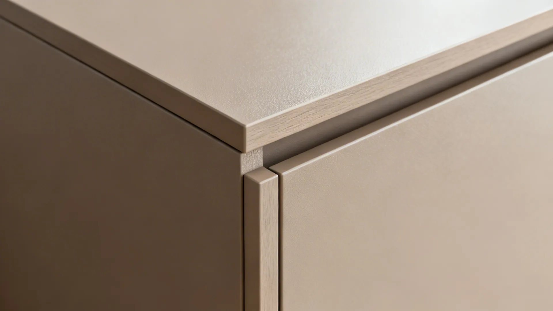 Macro detail of a matte HPL cabinet door showing the fine low-gloss texture and clean edge.