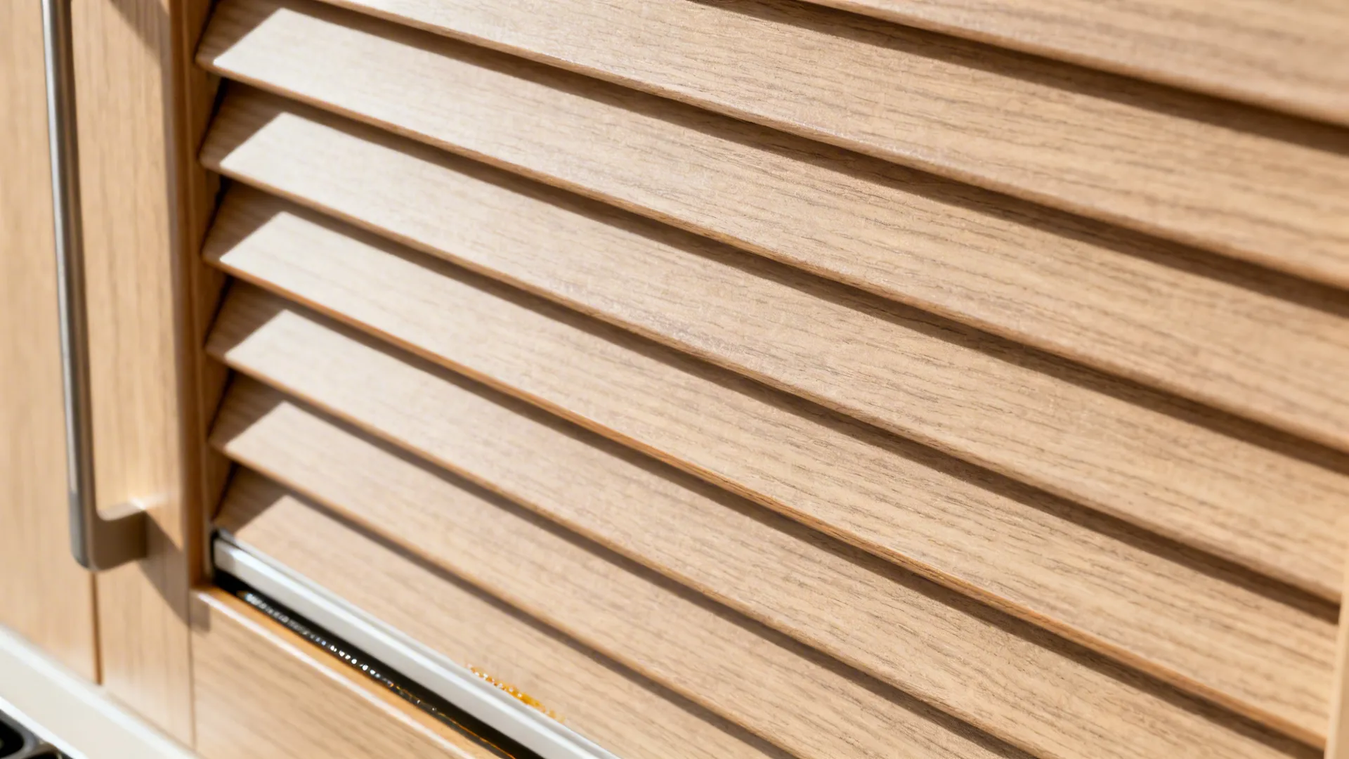 Close up shot of horizontal light wood slats on a modern cabinet door with handle