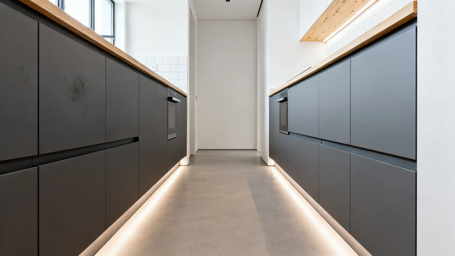 Before-and-after comparison of glossy vs ultra-matte laminate plywood slab cabinet fronts in a galley kitchen.