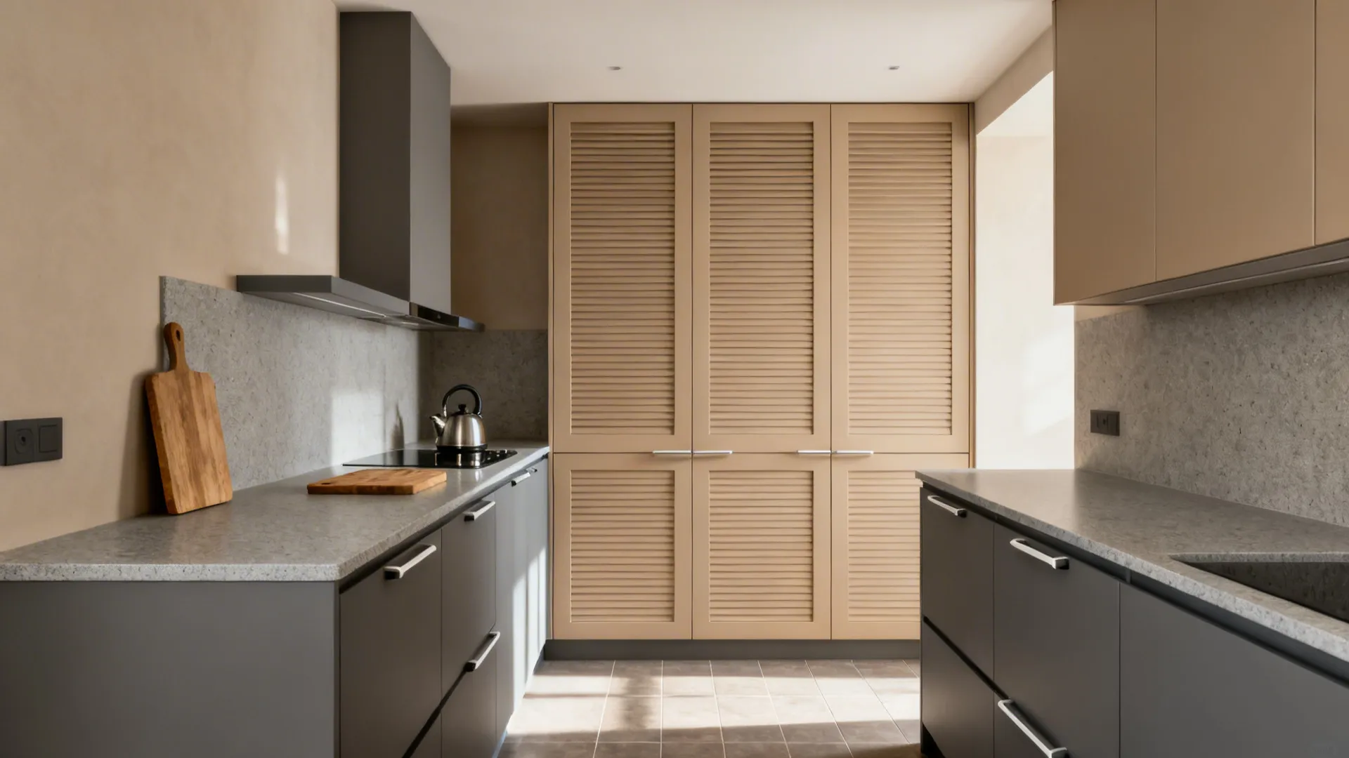 Minimalist galley kitchen with matte grey-beige laminate shutters and tall larder in soft daylight.