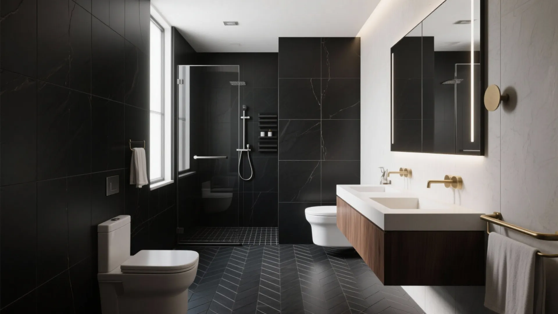 Luxury bathroom showing black wall panels white walls wooden cabinet double sink and glass shower