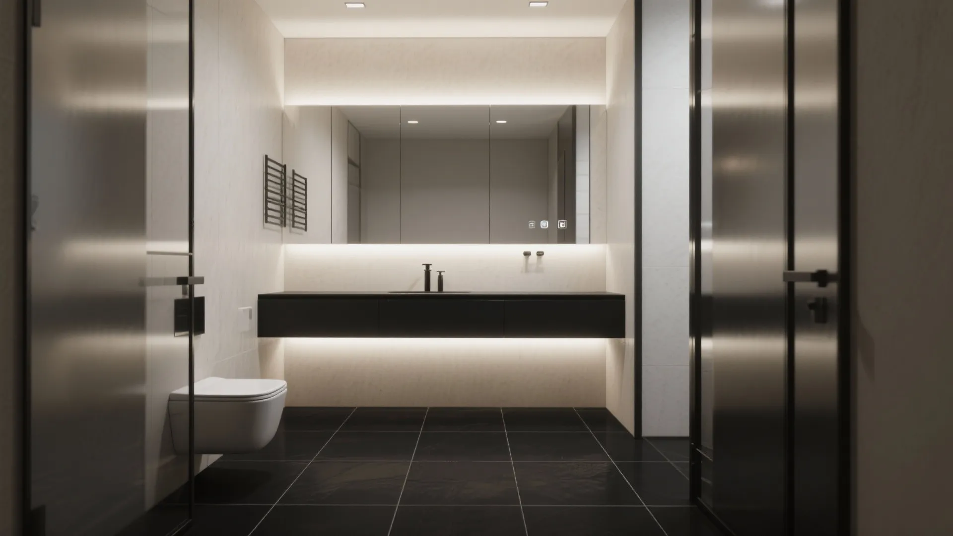 2. Matte black with large-format tiles for fewer grout lines