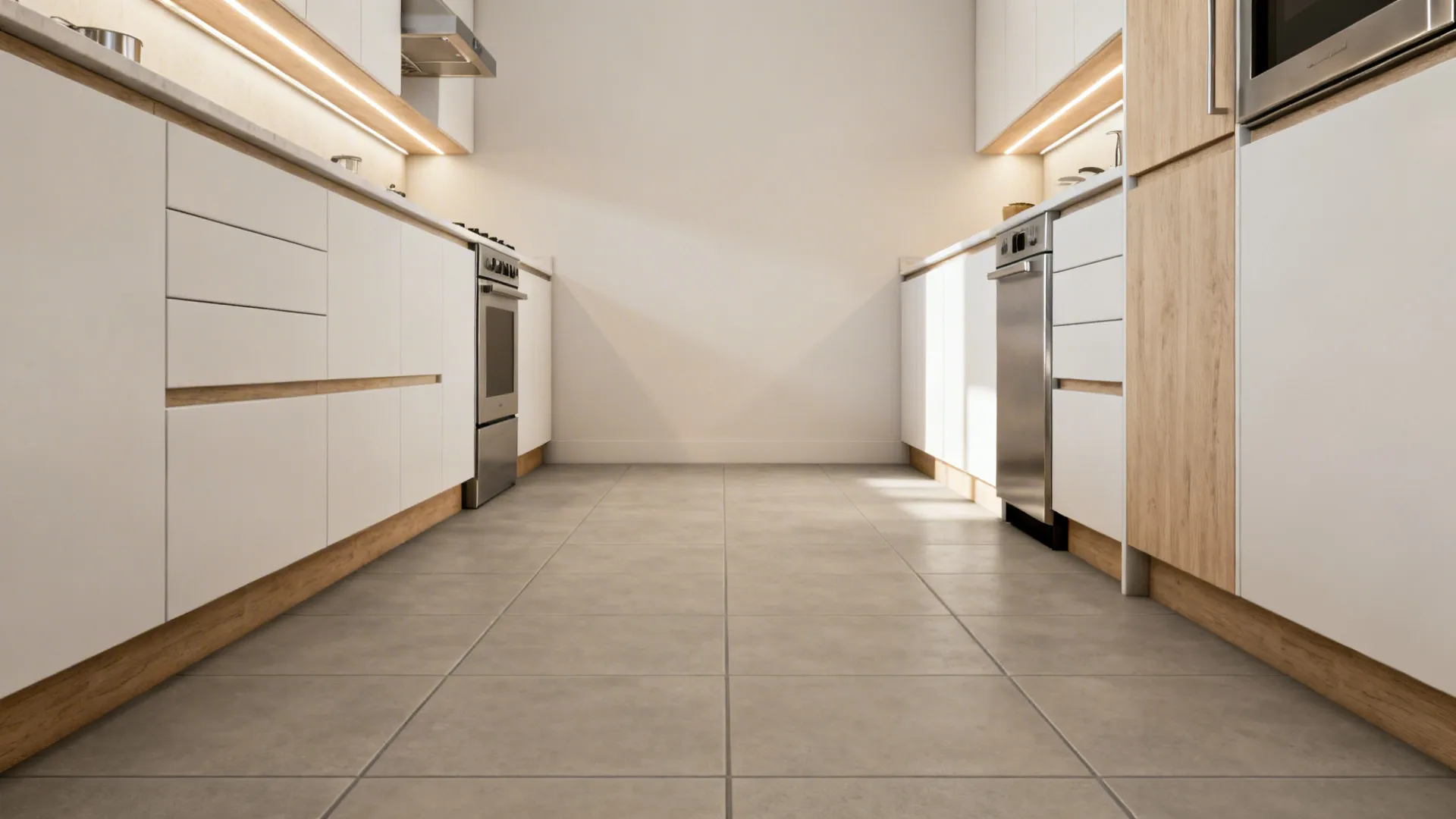 Narrow galley kitchen with matte large-format gray-beige ceramic tiles that widen the space.