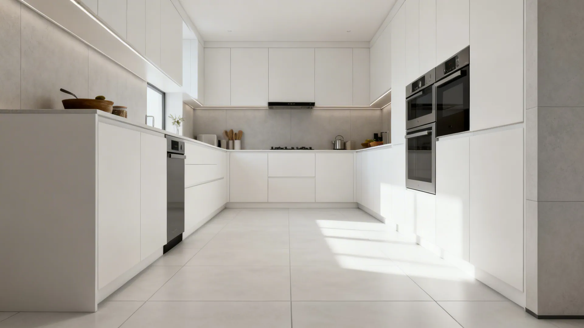 Galley kitchen with 24x48 matte white porcelain tiles and light-gray grout lines.