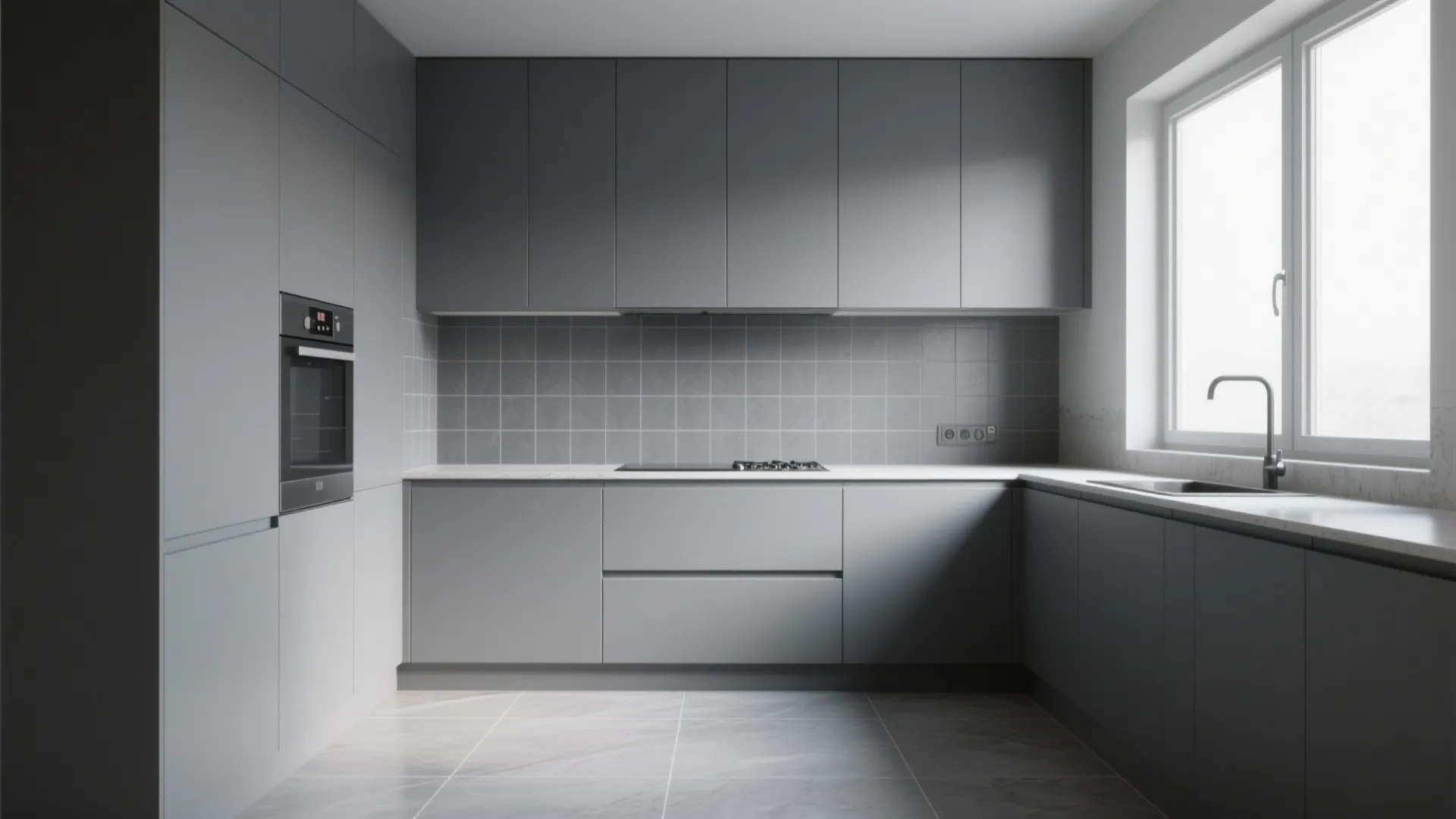 3. Matte Grey Cabinets and Large Format Tiles