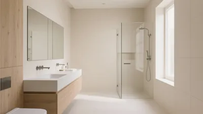 Serene Modern Bathroom with Natural Wood and Neutral Tiles