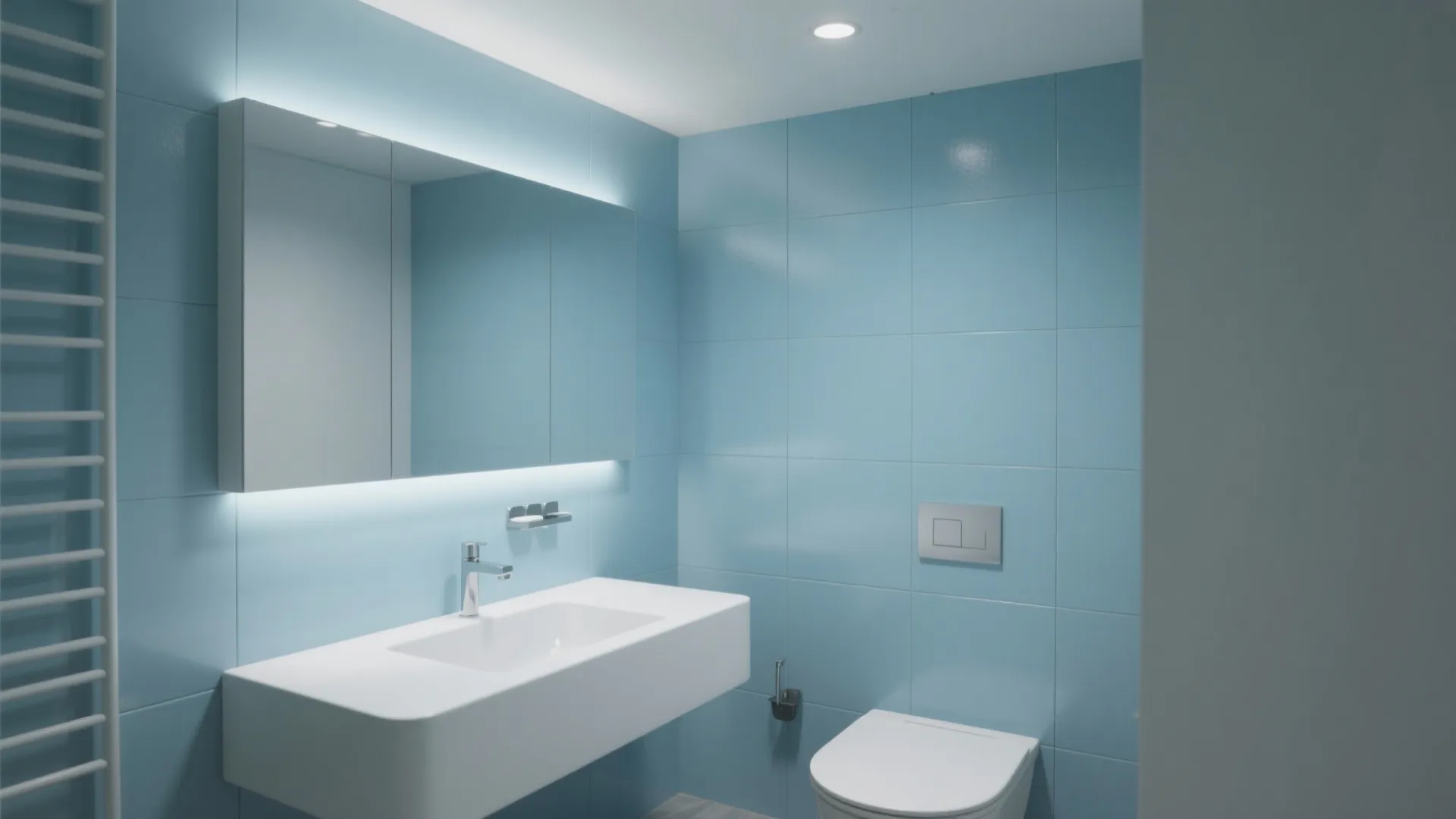 Modern blue tiled bathroom featuring a white floating sink cabinet with large mirror and toilet
