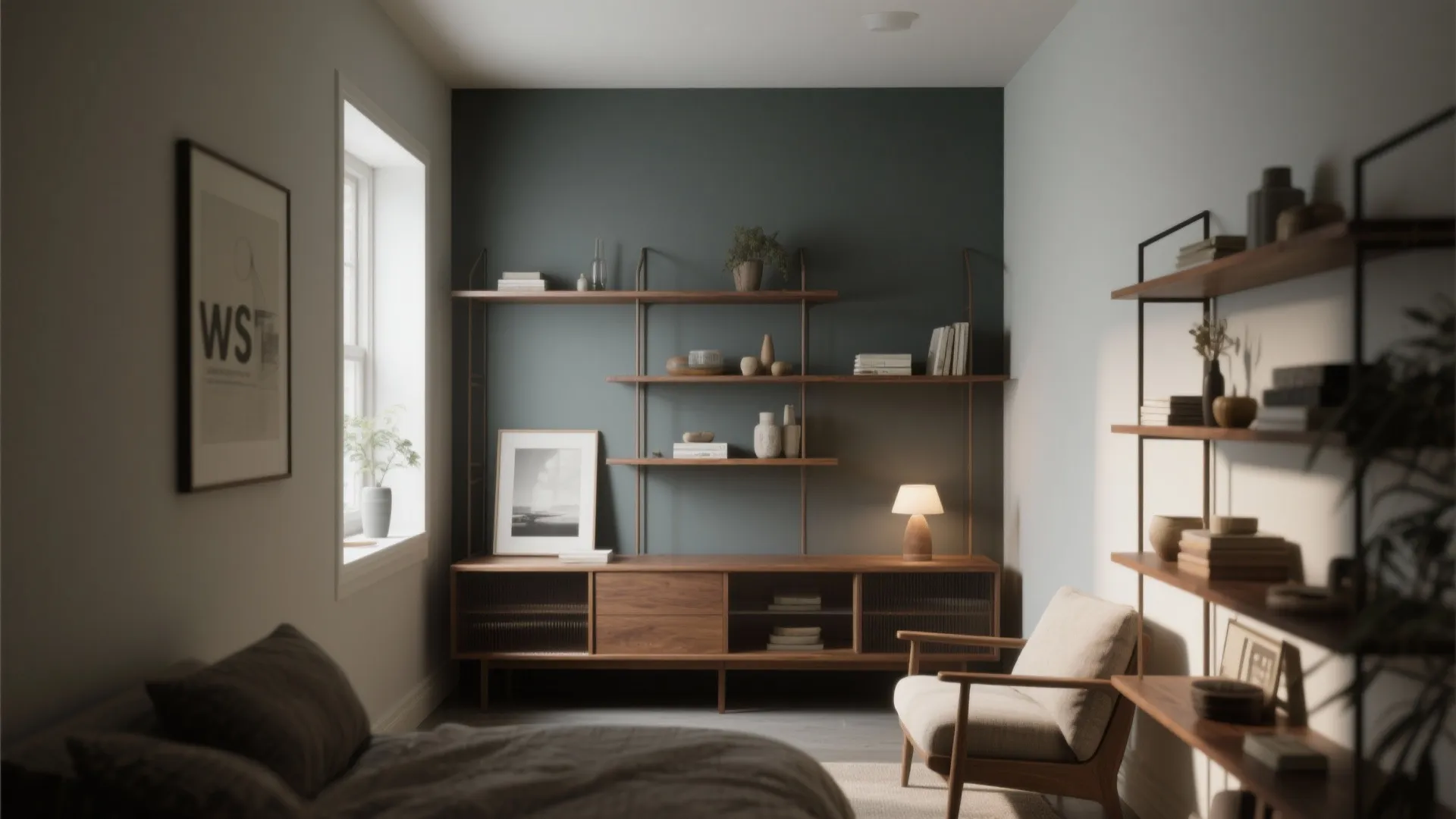 Bedroom with dark teal wall, wooden wall shelves, armchair, grey bed, and warm table lamp