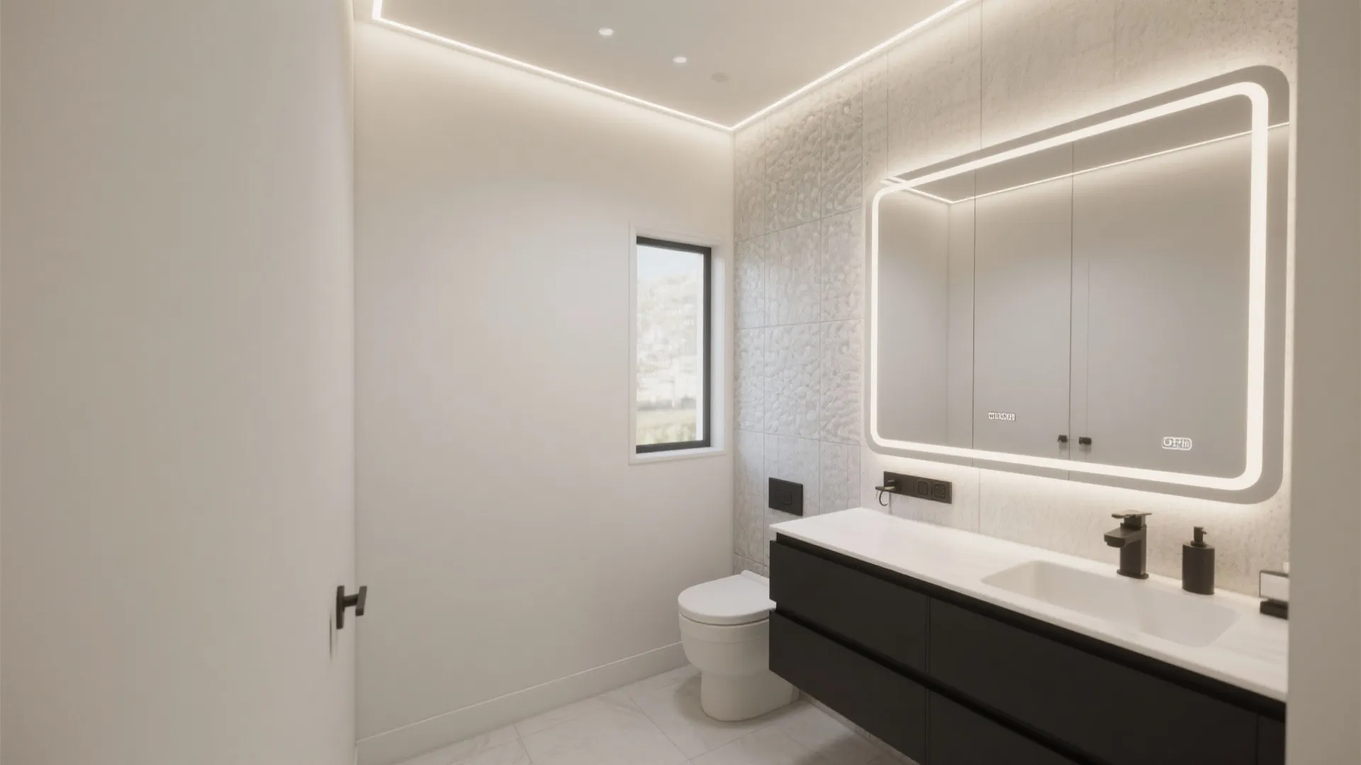 Modern bathroom with white walls, black cabinet, lighted mirror, white toilet, and simple ceiling light