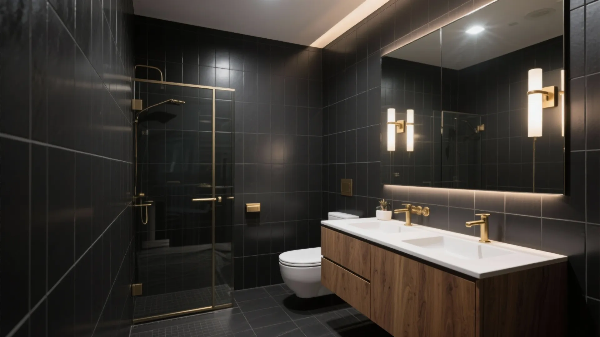 Matte Black Tiles with Layered Lighting