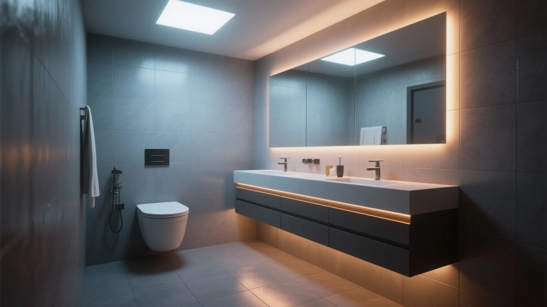 Modern bathroom with grey wall tiles white toilet floating cabinet glowing mirror and ceiling light