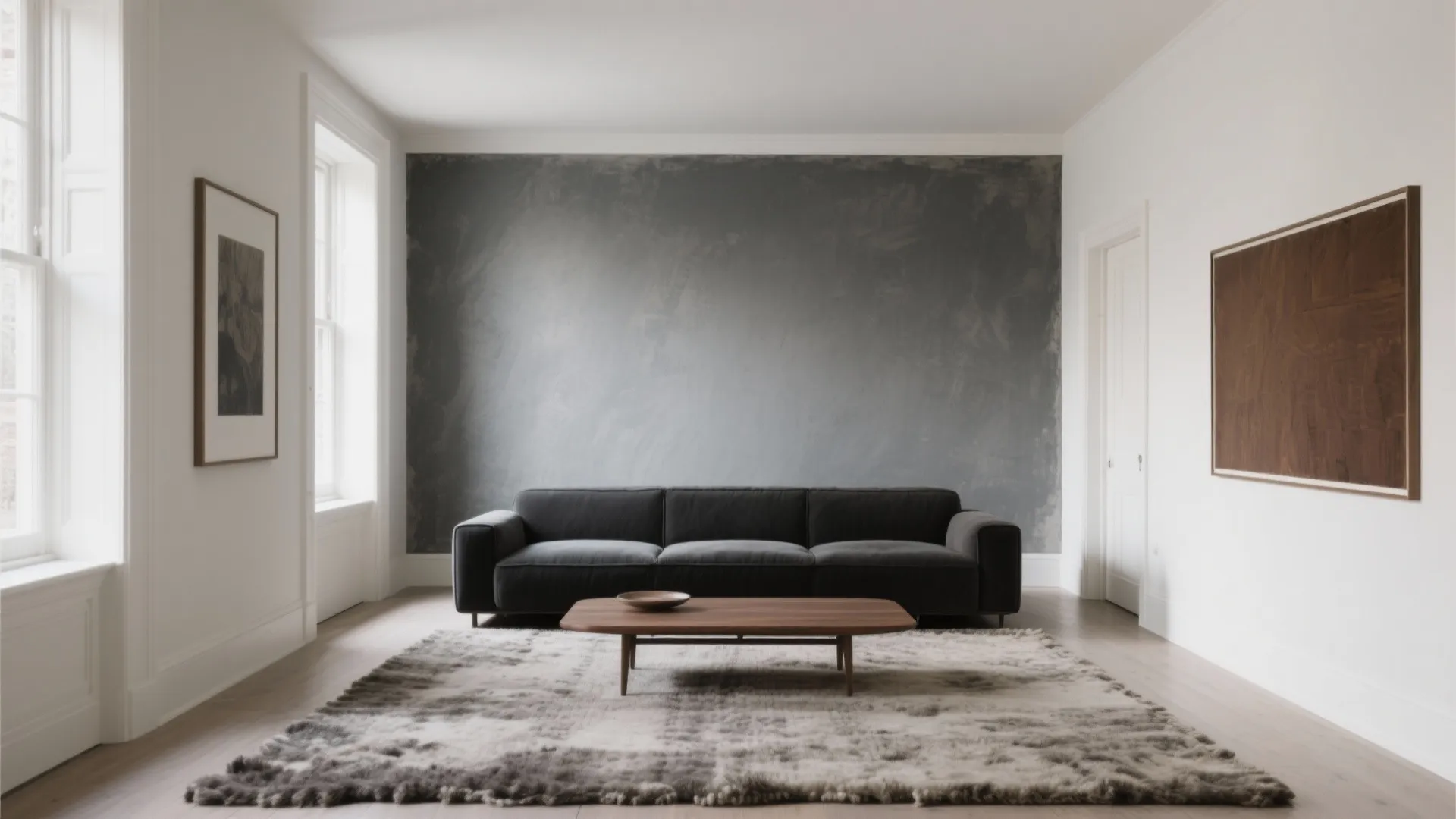 Minimalist living room featuring grey textured wall dark sofa wooden coffee table rug and windows