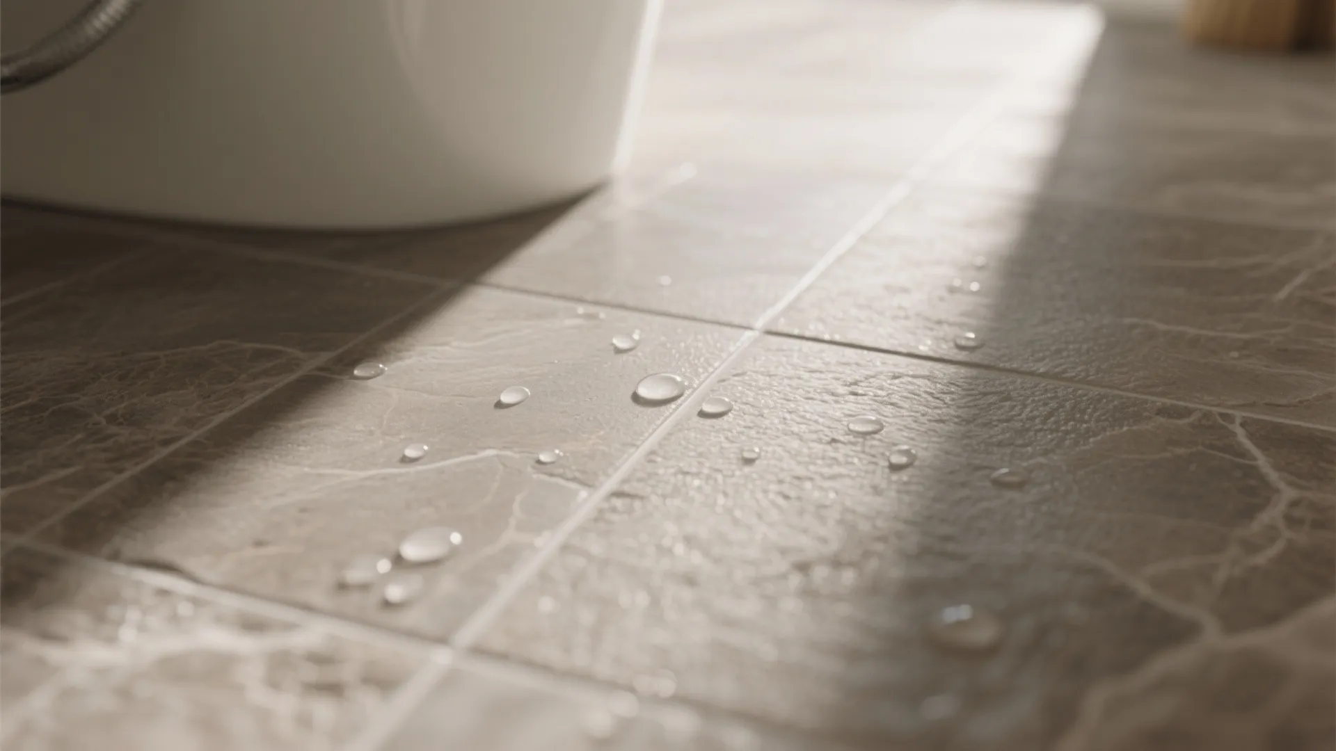 Close up of waterproof brown floor tiles with water drops next to a white bathtub