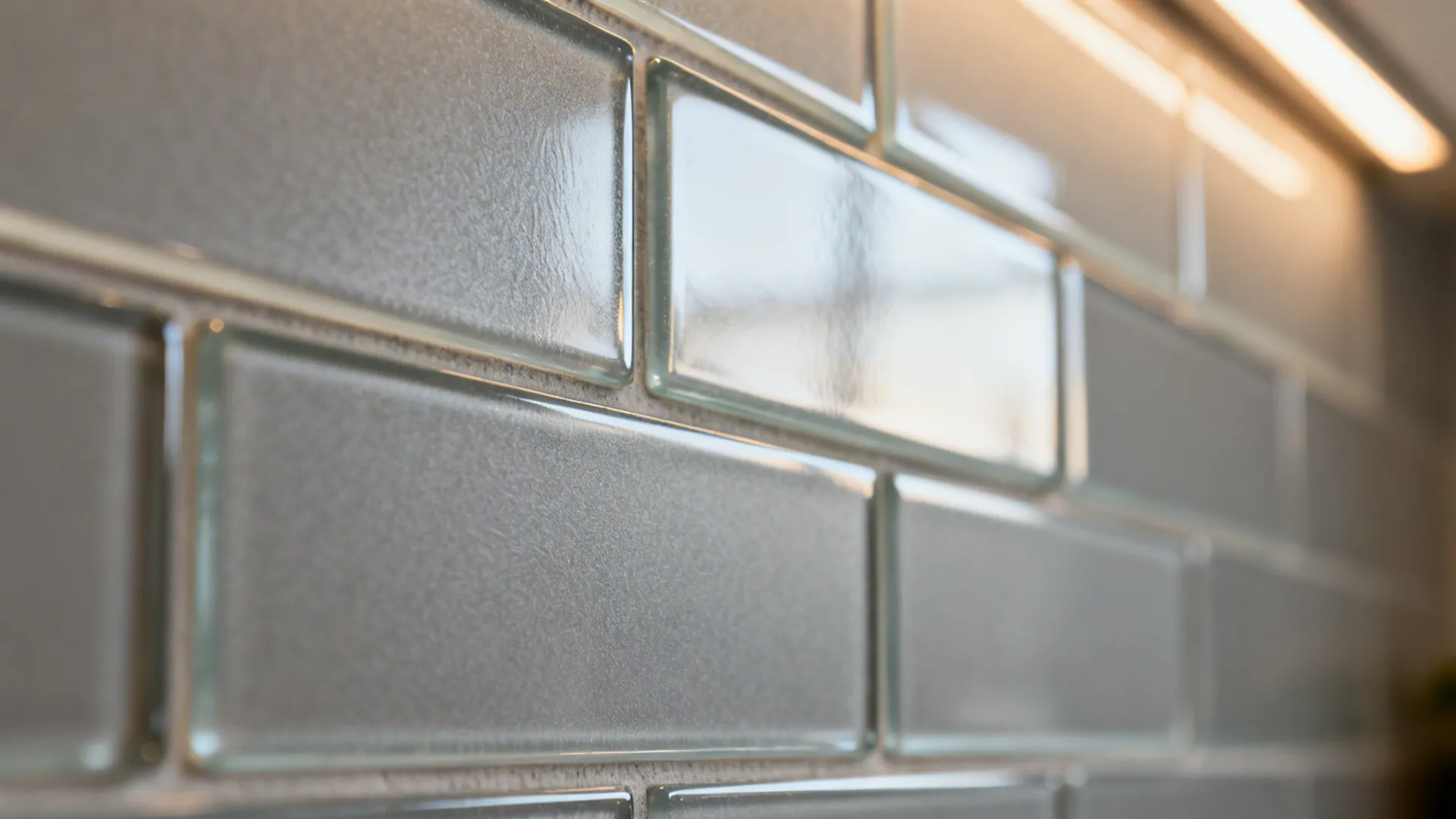 Macro of satin glass subway tiles with mid-tone grout and soft highlights.