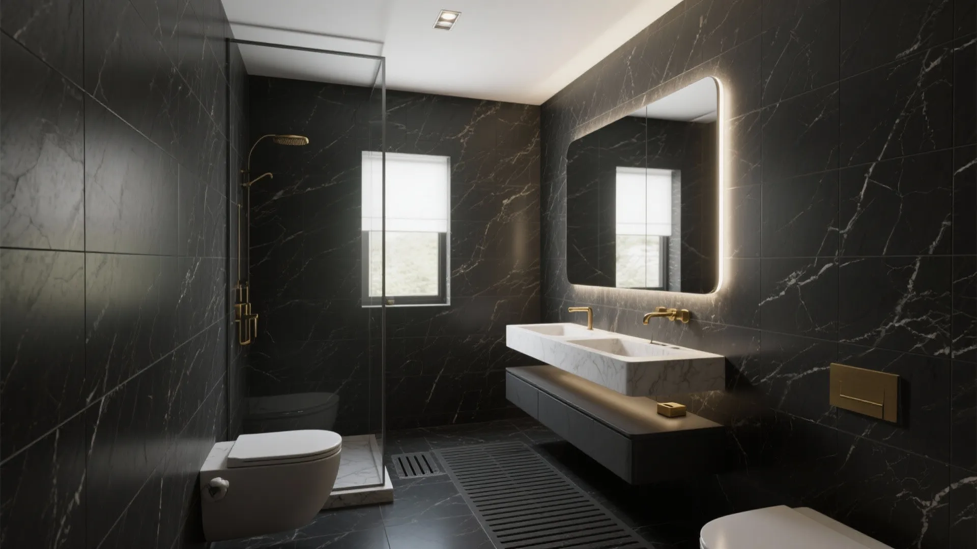 Honed matte black marble tiles bathroom with linear drain and floating vanity, designed to minimize reflections and feel larger.