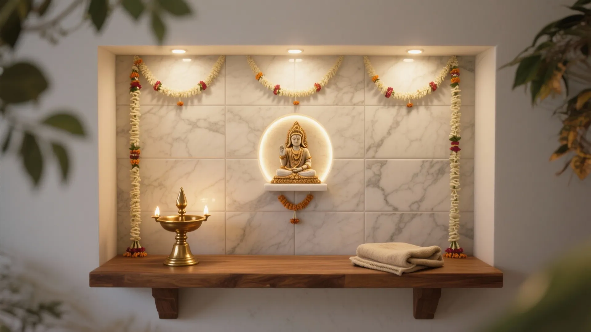 Pooja niche with matte marble-look ceramic tiles, teak shelf, and brass accents under soft cove lighting.