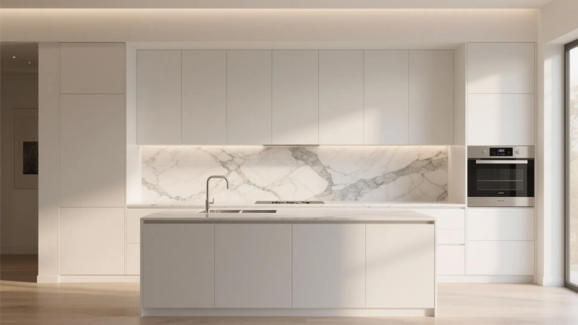 3. Matte white cabinets with marble-look slab backsplash