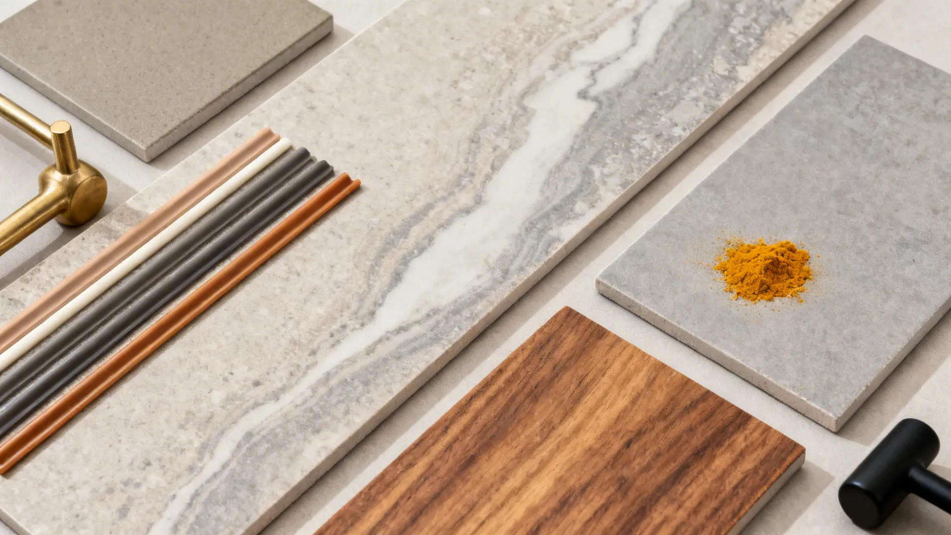 4) Matte stone and tile palette that hides turmeric and oil