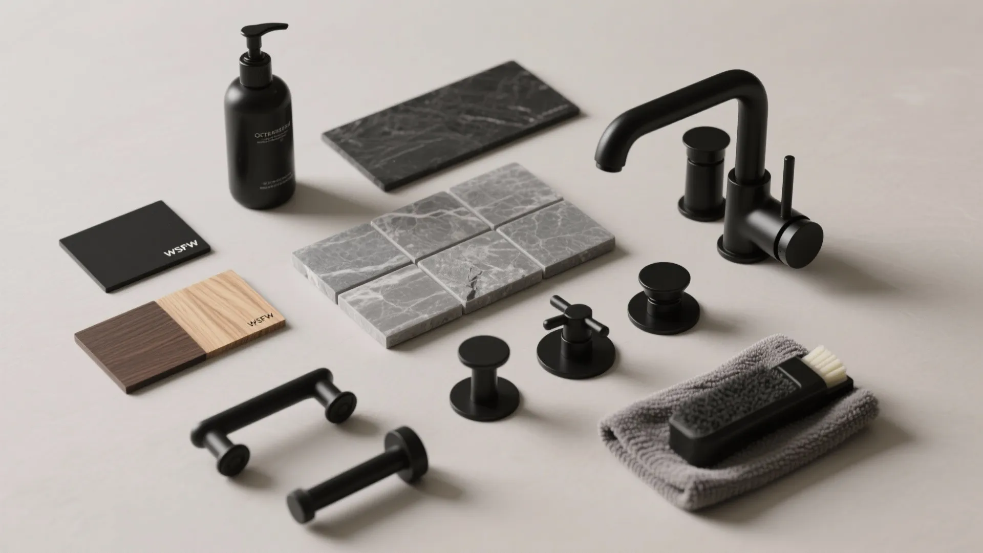 Collection of bathroom materials including black faucet pieces grey marble tiles wood samples and soap bottle
