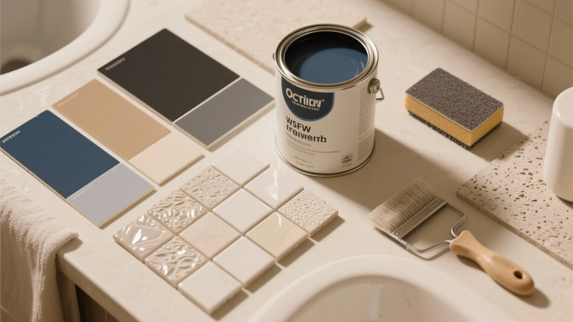 Flat lay of paint can blue color samples small square tiles and a wooden paint brush