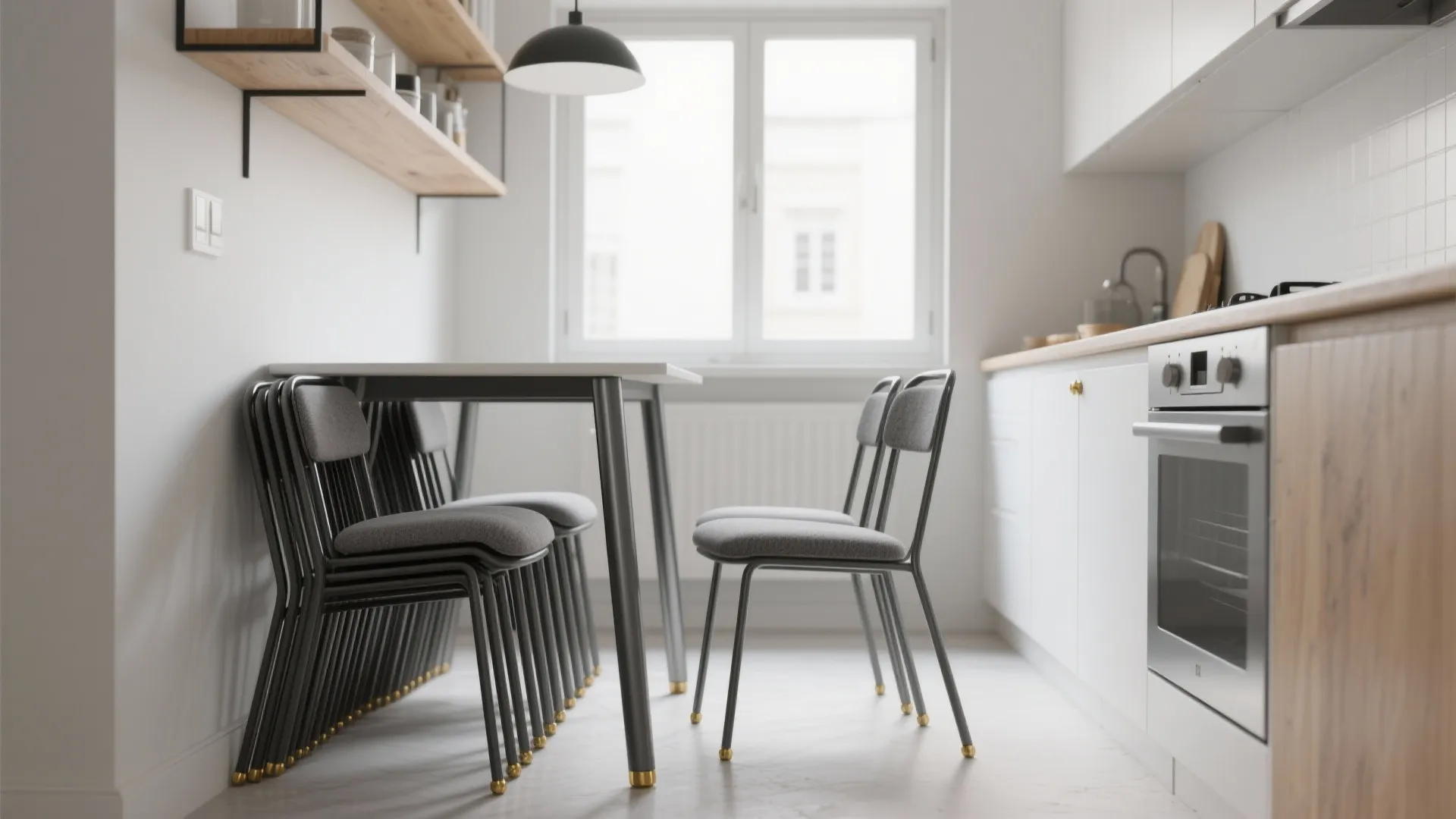 Modern kitchen with white cabinets and several grey metal chairs stacked under a dining table