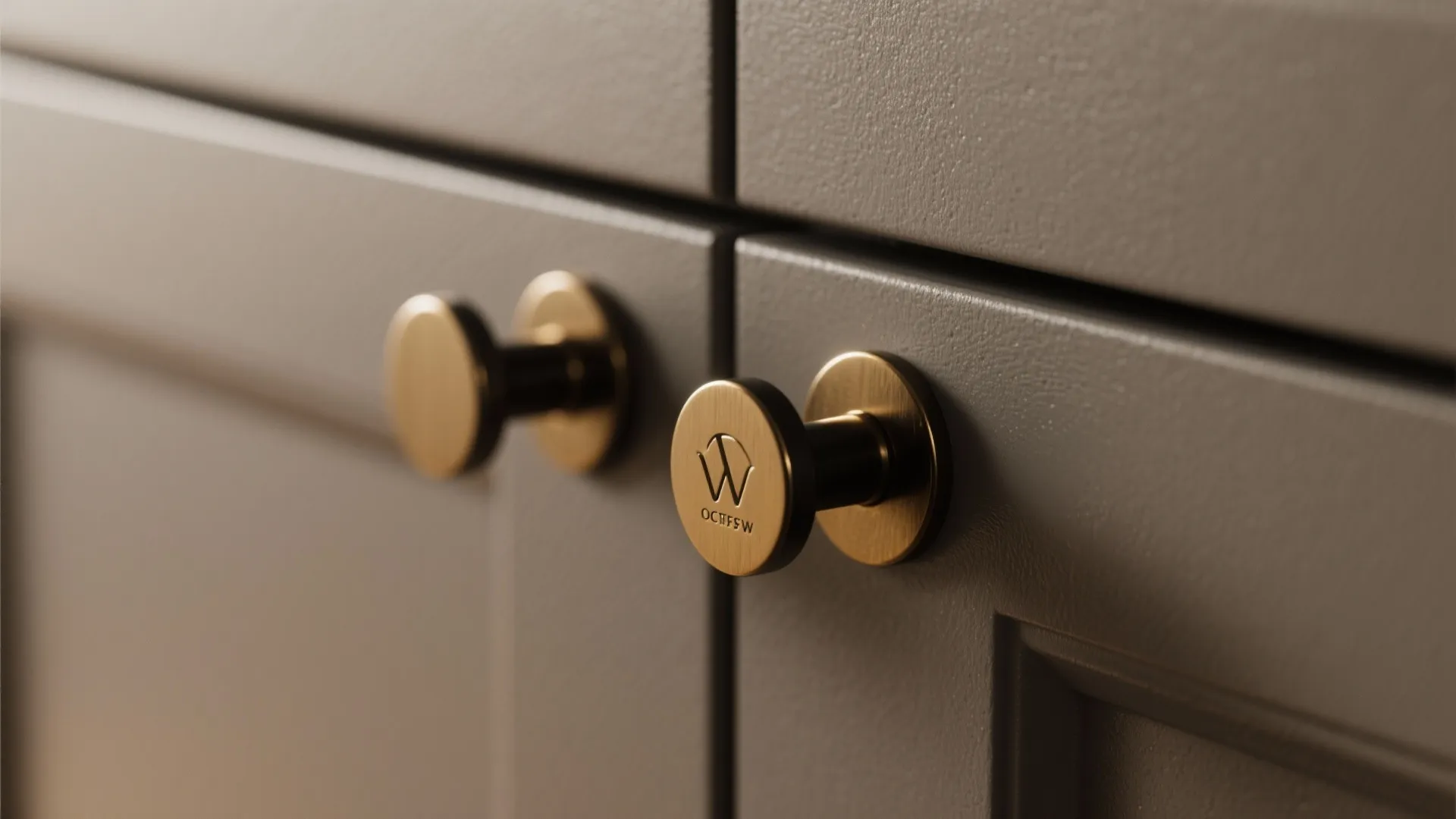 Close up of gold metal handles on grey cabinet doors in a modern home interior design