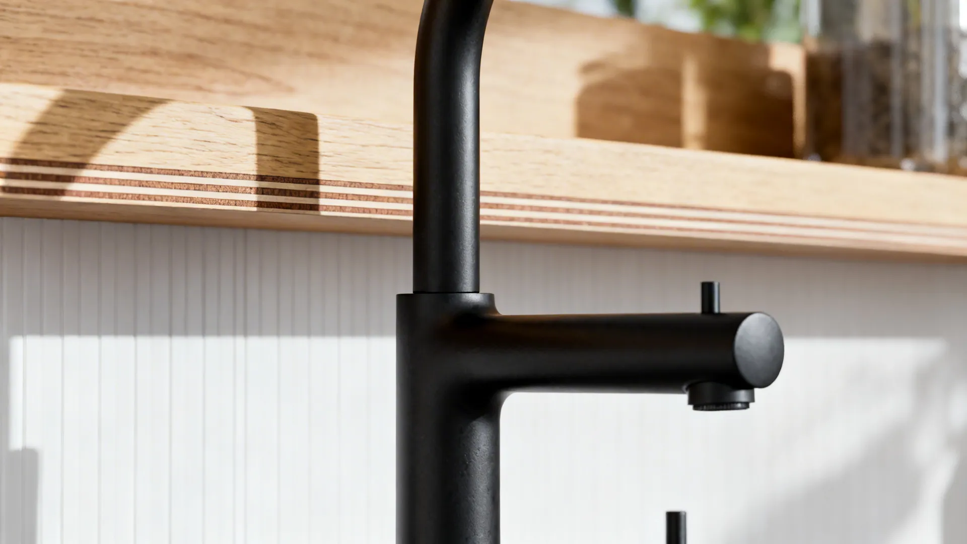Macro of matte black tapware next to light oak shelf and white laminate panel