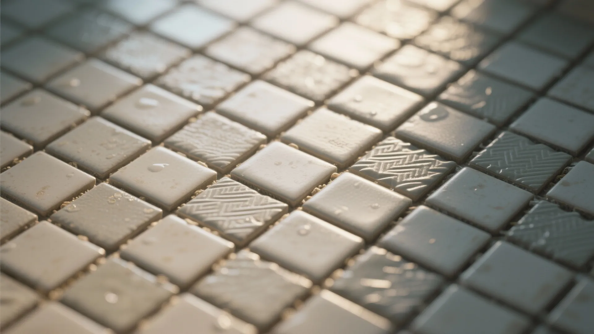 Close up of small square white tiles with textured patterns and water drops in warm sunlight