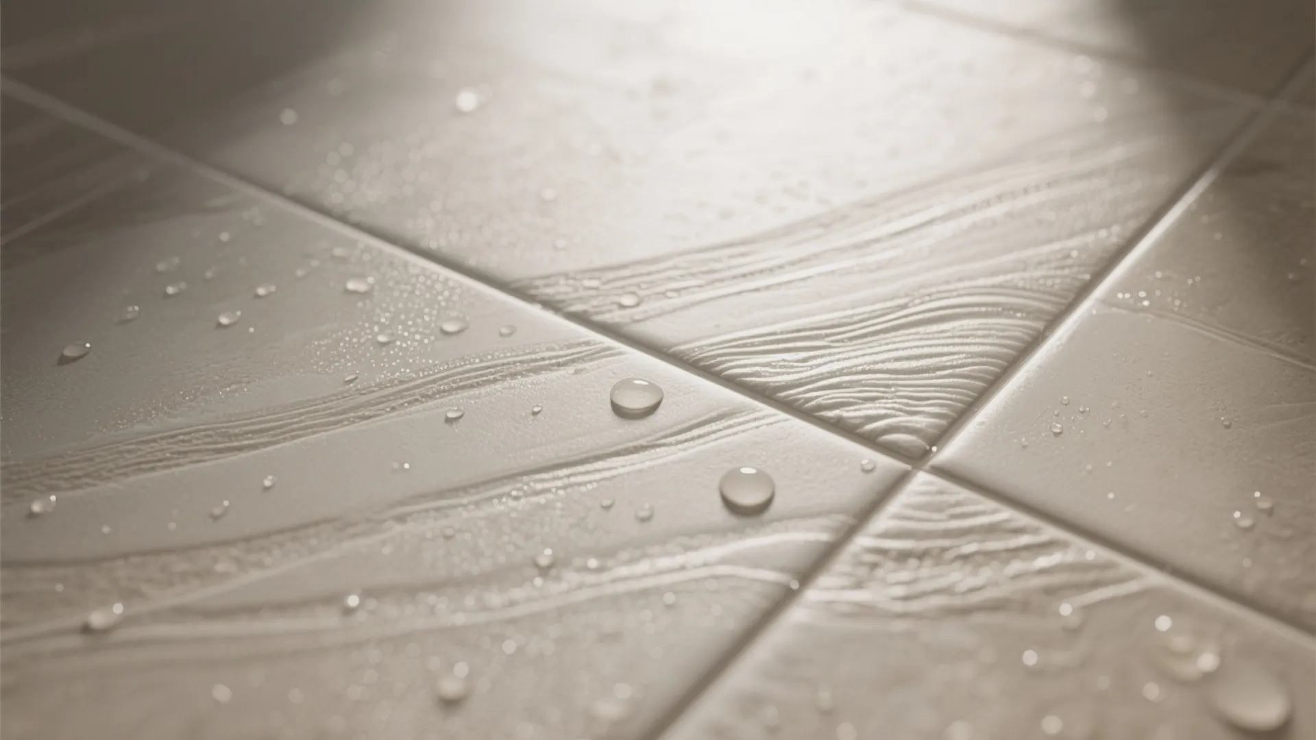 Close up of water droplets on light beige textured floor tiles showing a clean waterproof surface