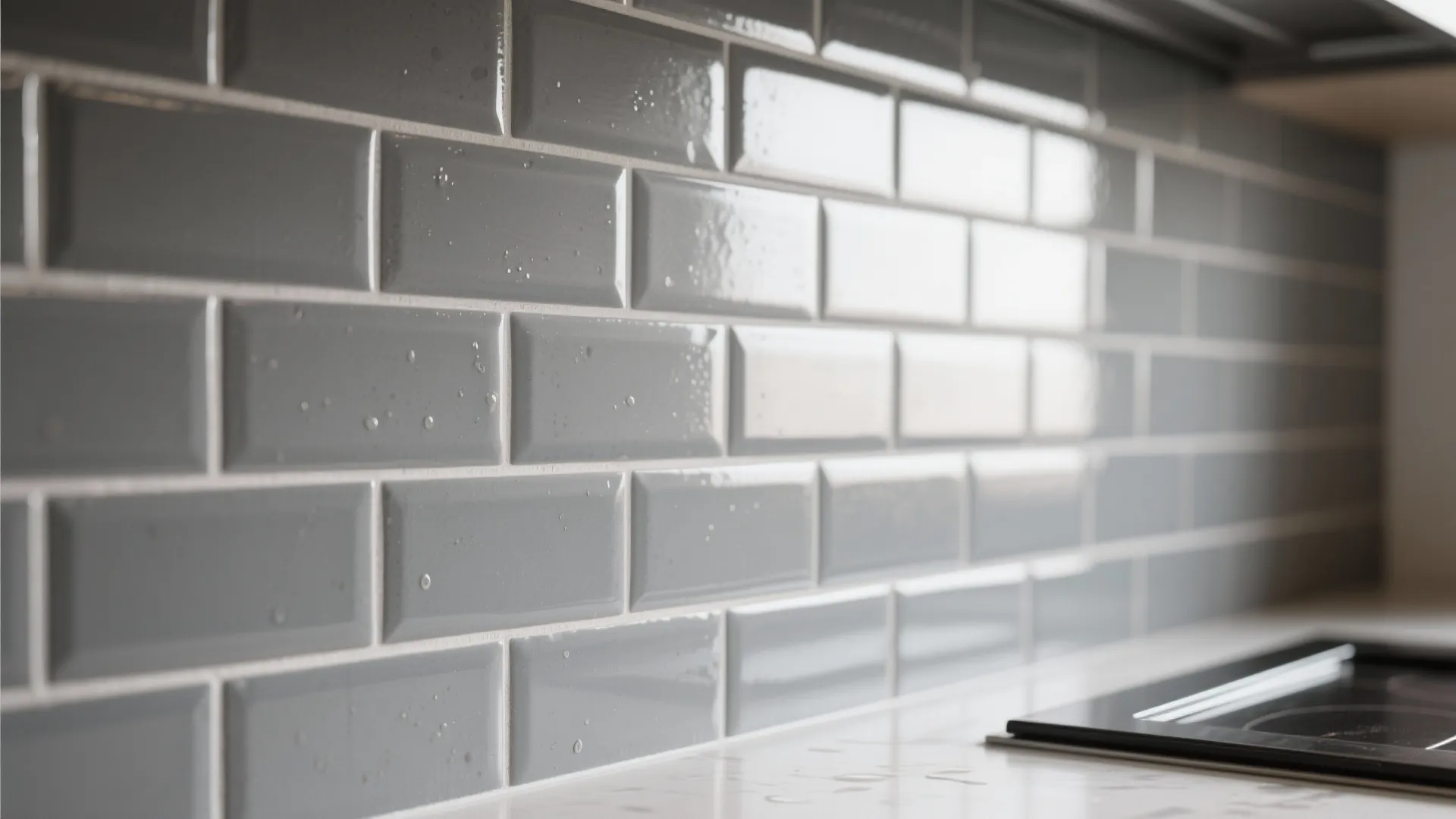 Close up of glossy grey rectangular wall tiles above a white countertop in a kitchen