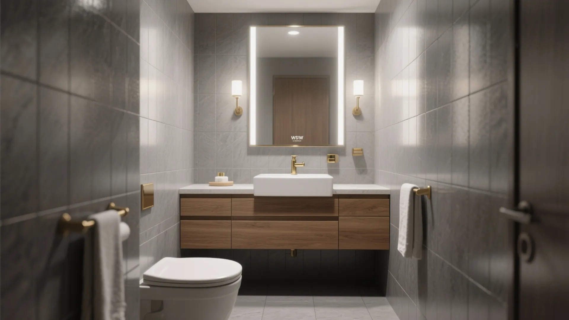 1. Matte mid-grey tiles to enlarge a small bathroom